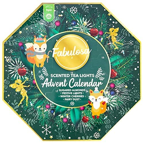 Scented Tea Lights Candle Advent Calendar 2021 with Christmas Card - 24 Scented Tea Lights - includes Festive Lights, Sugared Almonds, Winter Cherries and Fairy Dust