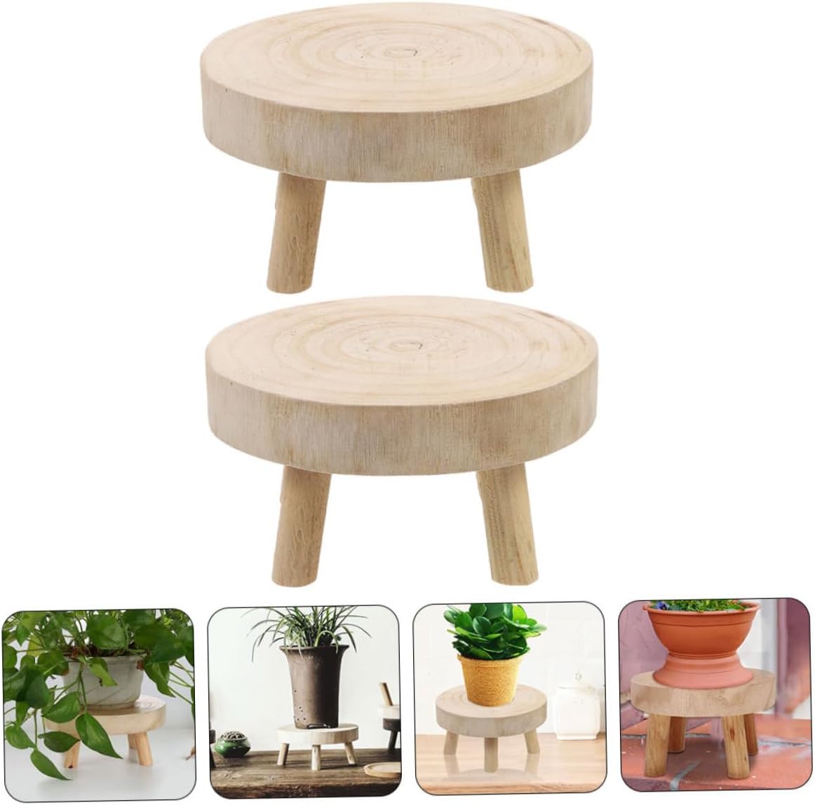 Wakauto 2pcs Wooden Potted Flower Stands Plant Display Holders for Indoor Balcony Natural Solid Wood Plant Holder with Strong Load Capacity Decorative Flowerpot Stand for Home Gardening