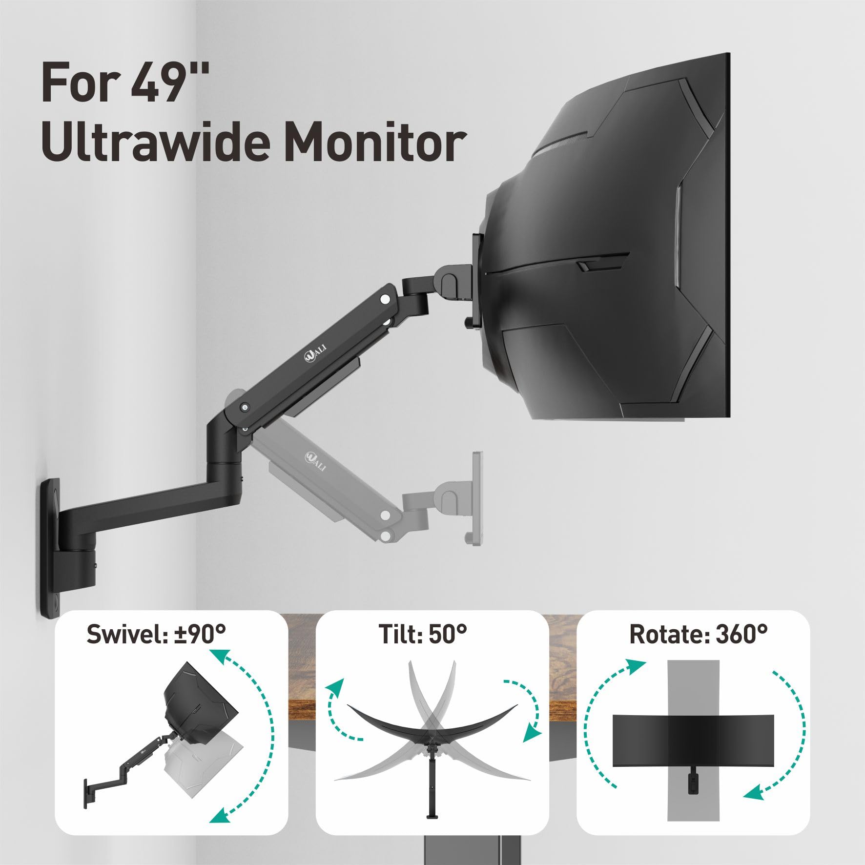 WALI Supporto da parete per monitor singolo, per schermi da 17" a 49", supporto da parete per monitor Ultrawide con braccio completamente regolabile a molla a gas, supporta fino a 20 kg, VESA 75 e 100