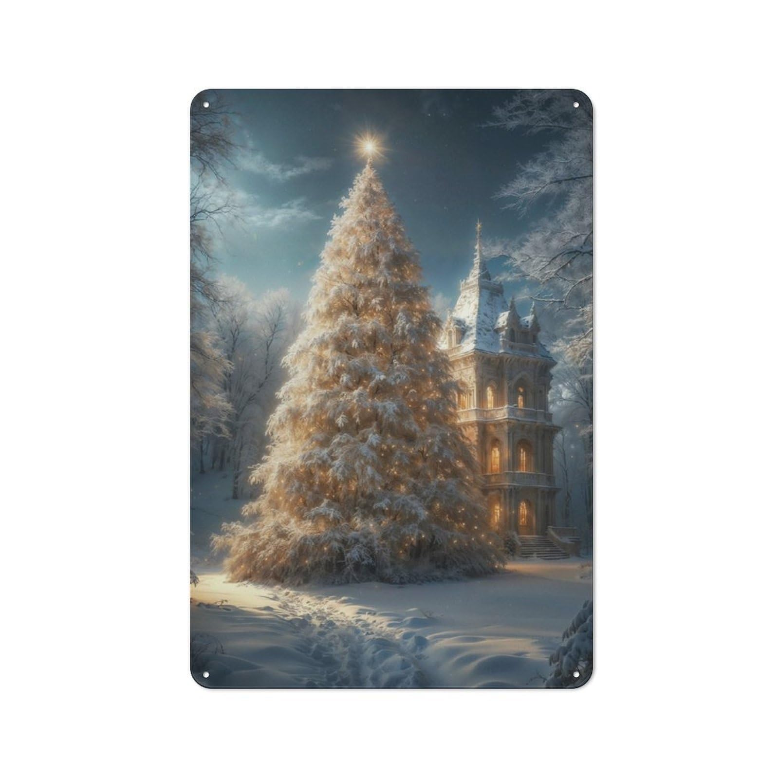 Junmoney Snowy Christmas Tree & Mansion Retro Tin Sign 30X20cm For Garage Or Workshop, For Furnishing A New Garage And Workshop With Retro Decor