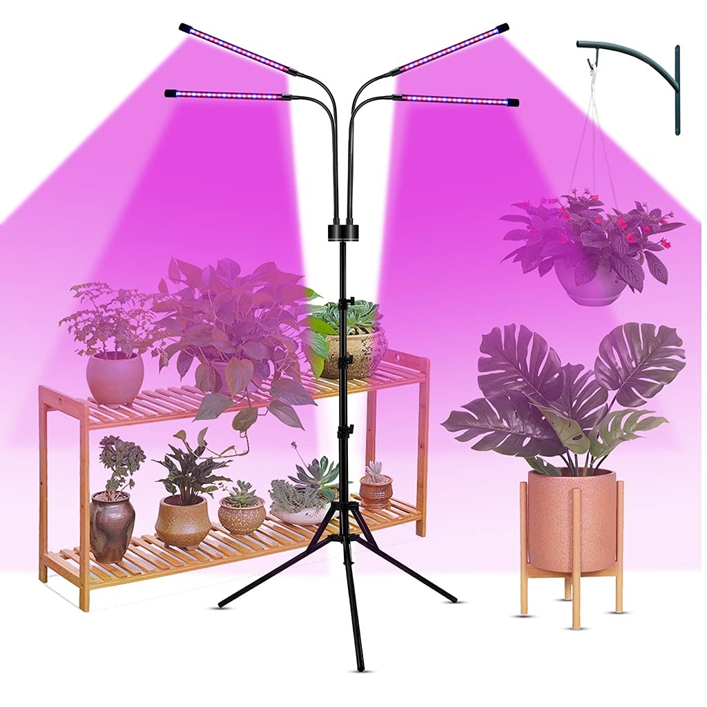 4 Teste Lampada da Pavimento a Spettro Completo,LED Grow Light con Treppiede Regolabile,Accensione/spegnimento Automatico,4/8/12H Timer,3 modalità di Commutazione