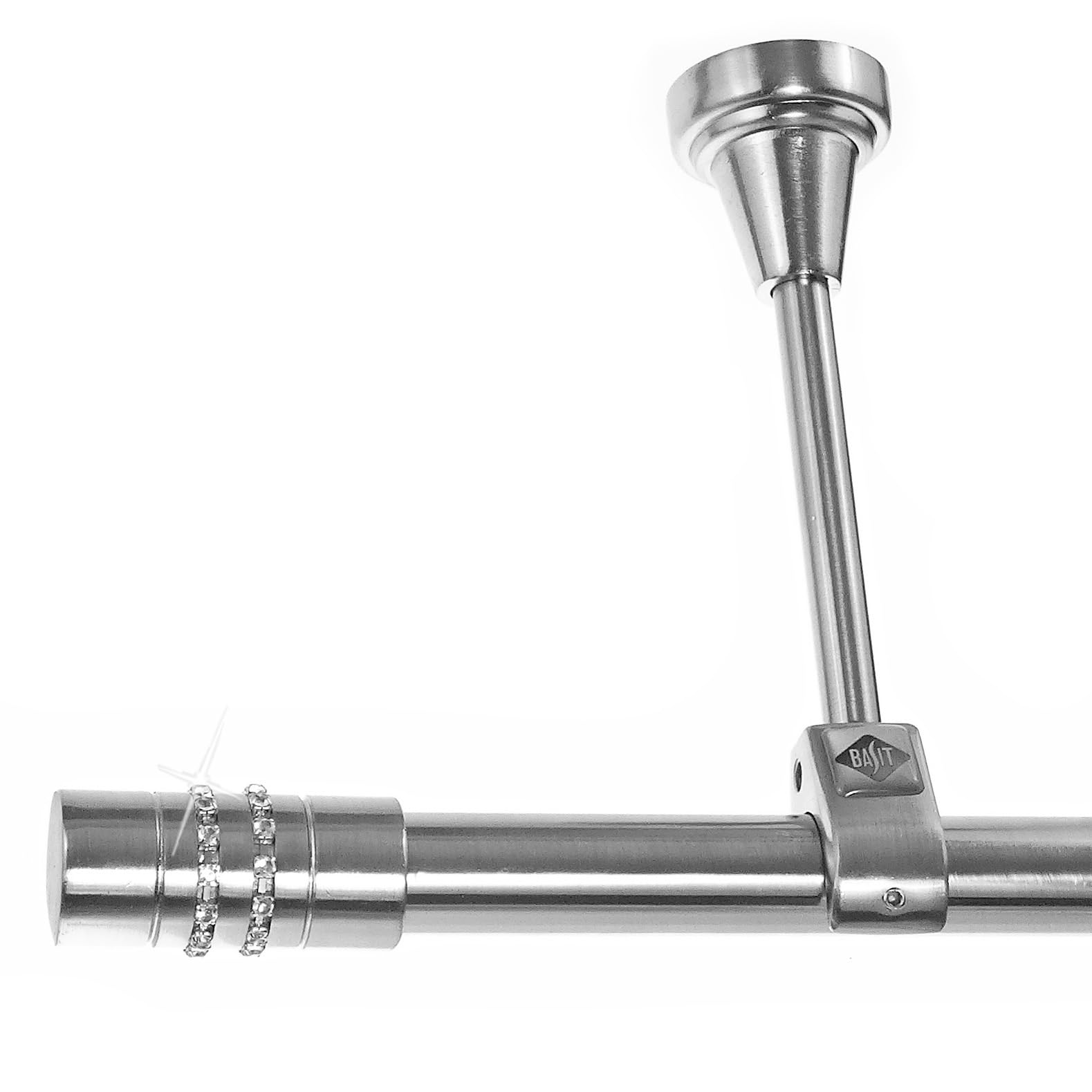 BASIT Gardinenstange Edelstahllook 20mm 1-läufig Decke 240cm lang D51R | Gardinenstangenset einläufig Deckenmontage Metall Vorhangstange Deckenhalterung 120-600cm wählbar Kappe mit Kristall E80