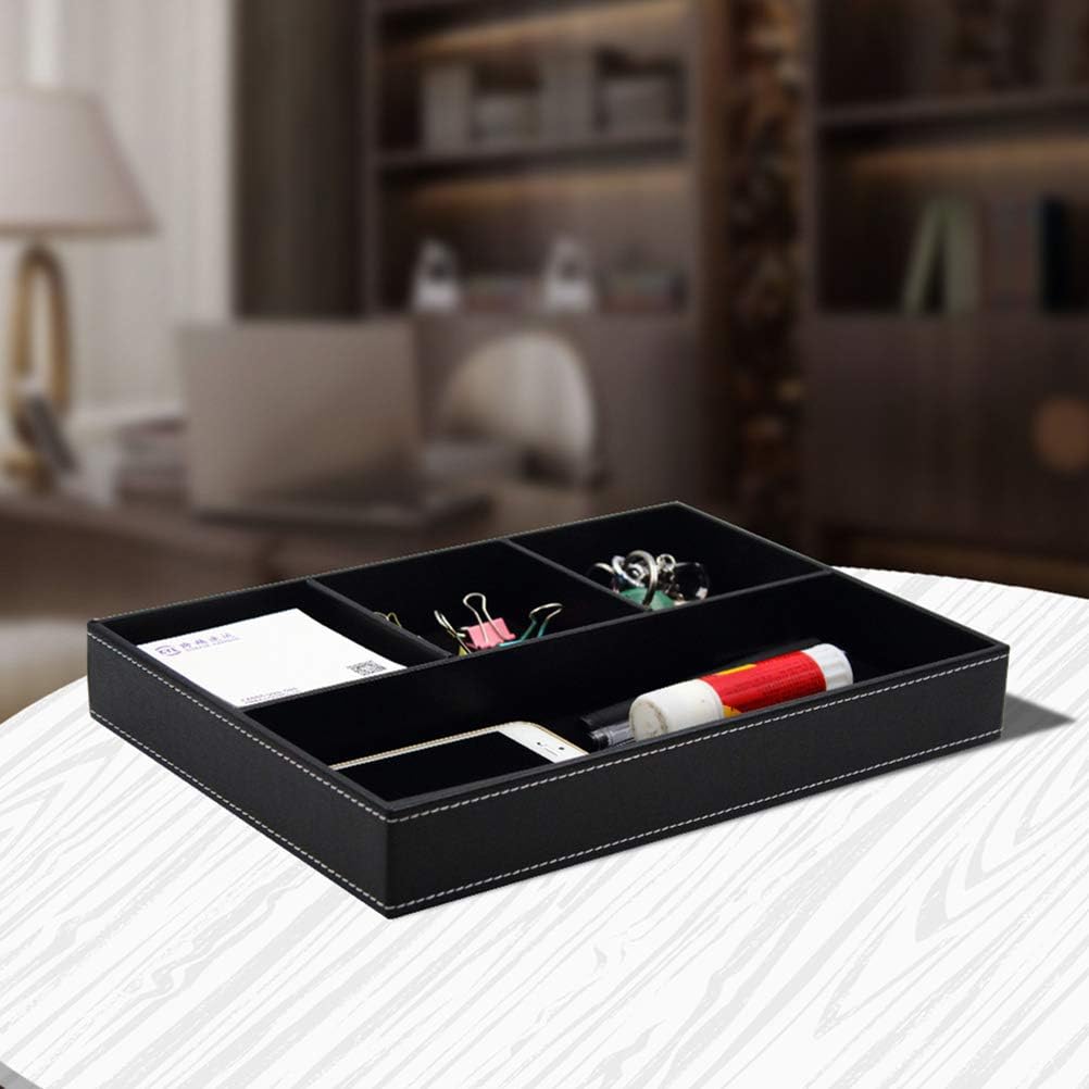 4 Compartments Leatherette Valet Tray Desk Dresser Top Organizer Box for Wallets Keys and Jewelry (Black)