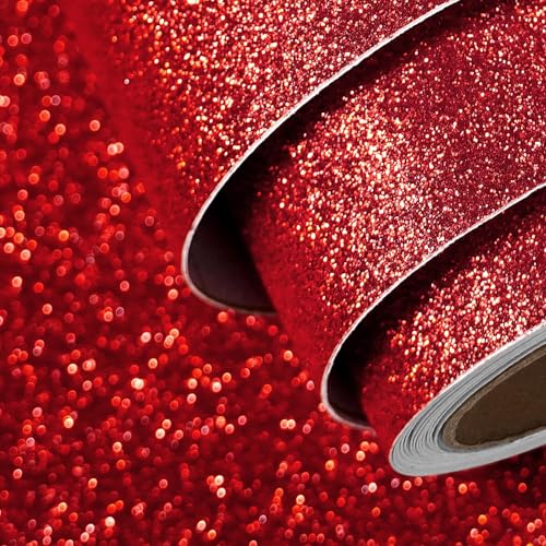 FunStick 40CM×6M Self Adhesive Vinyl Wallpaper Ruby Red Glitter Sticky Back Plastic for Furniture Shelves Gift Wrapping Paper Crafts Removable Sparkle Red Vinyl Wrap for Bedroom Glitter Wallpapers