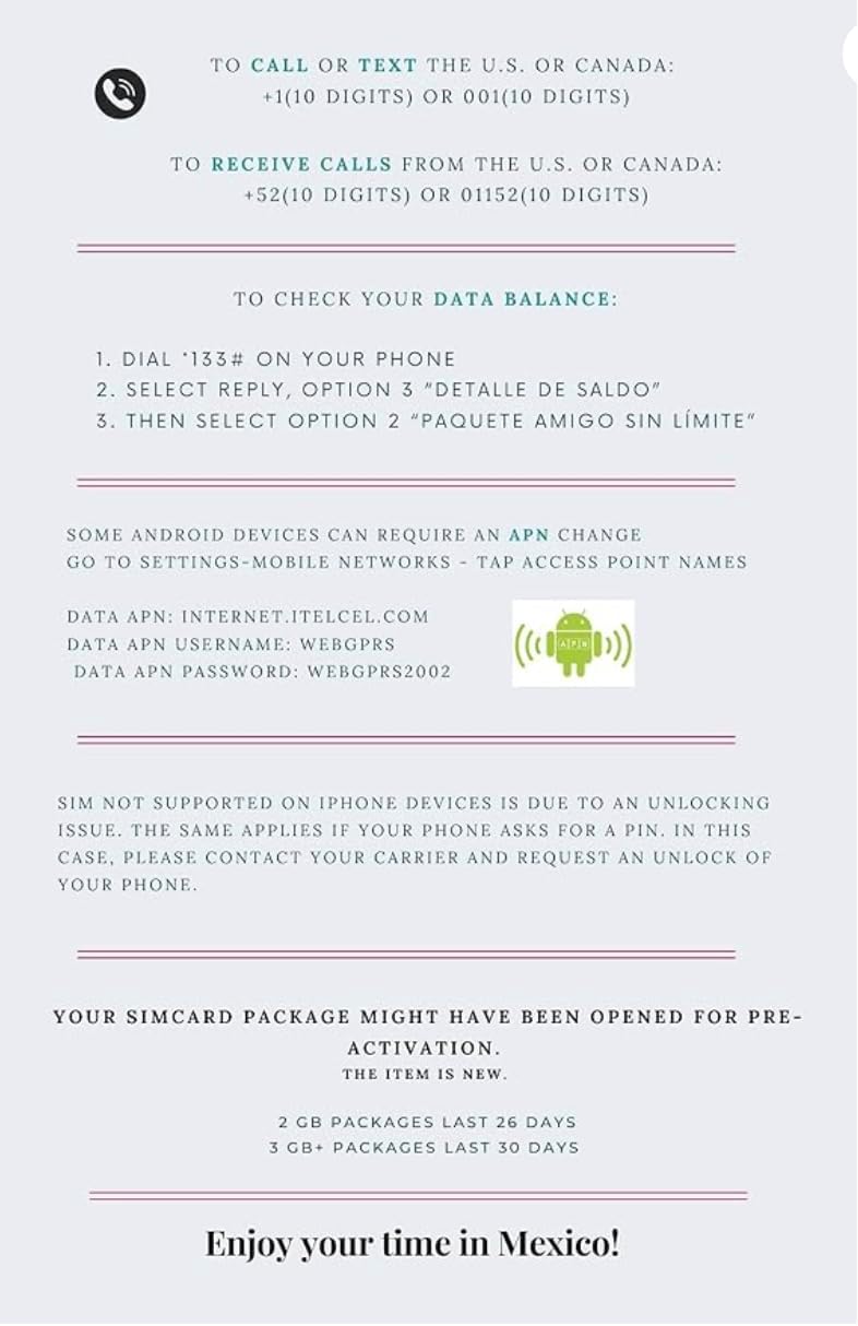 Telcel Mexico Prepaid SIM Card with 4.5GB Data and Unlimited Calls for 30 Days. Unlimited Social Media: Whatsapp, Facebook, instragram, Twitter and Snapchat.