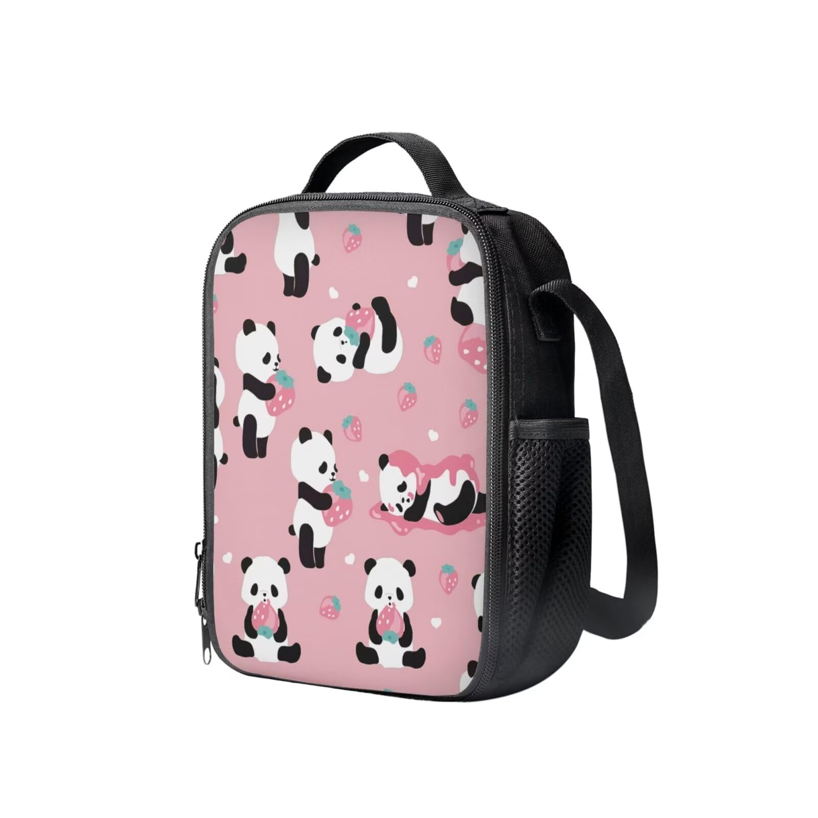 SEANATIVE Panda Strawberry Kids Daycare Preschool Lunch Tote Crossbody Bag with Water Bottle Pouch Holder - Image 2