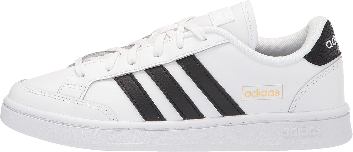 adidas Women's Grand Court SE Tennis Shoe, White/Black/Gold Metallic, 8