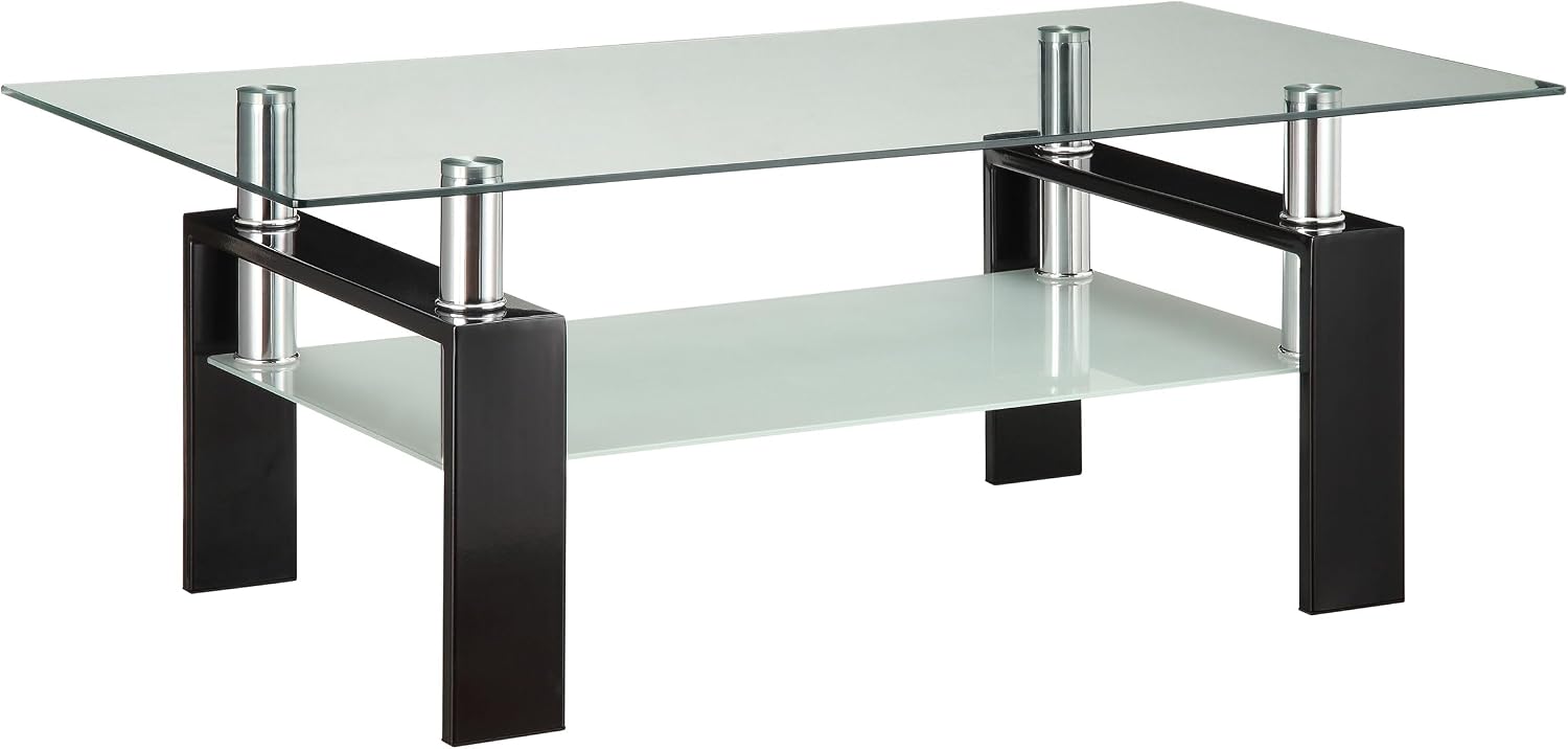 Coaster Home Furnishings - Dyer - Metal & Glass - 48-inch Rectangular Coffee Table with Glass Top, Open Shelf, and Chrome Supports - Living Room - Black - 702288