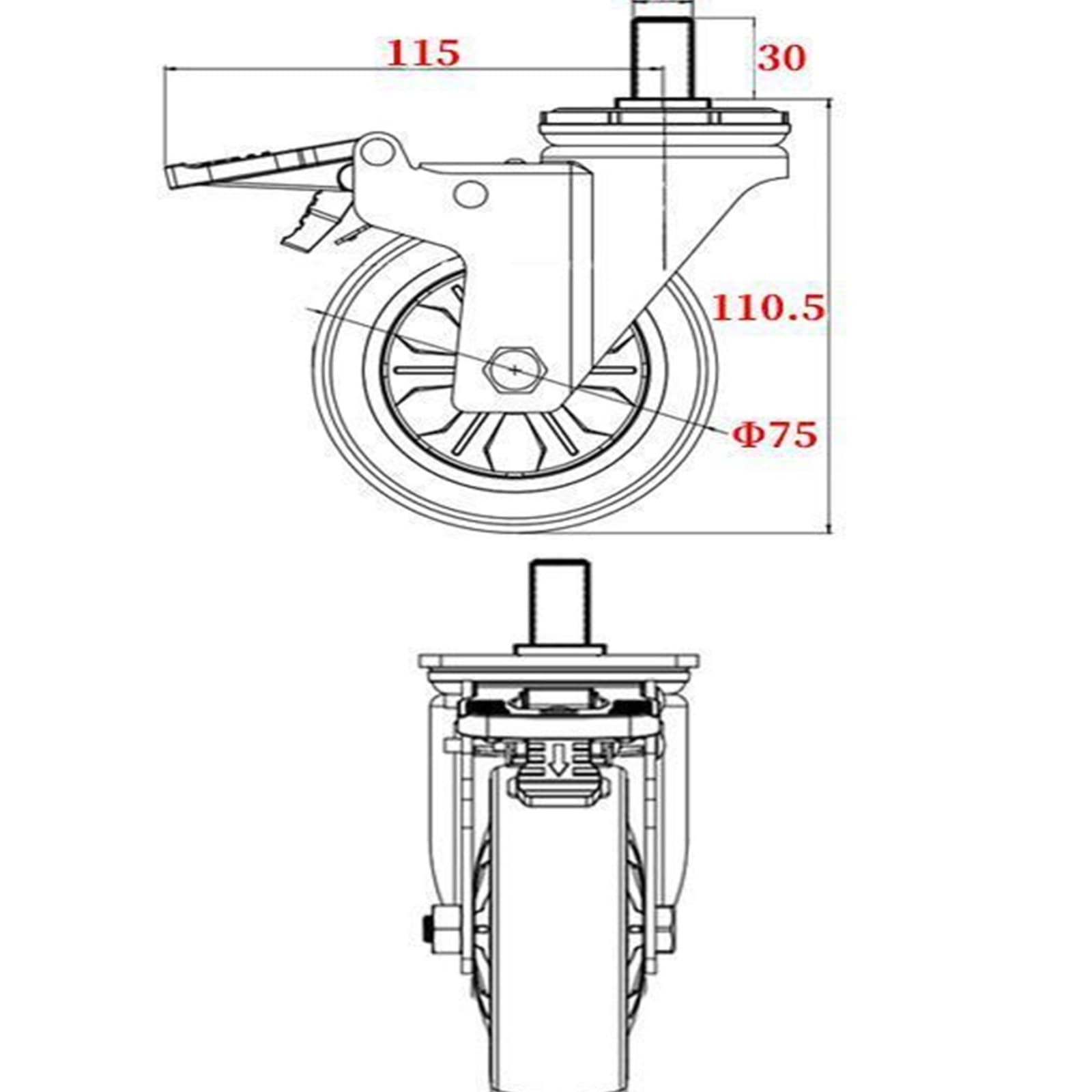 Rueda Universal de 1 UDS-3 Pulgadas con polea giratoria Eje Goma Freno-máquina silenciosa Carga única 110KG Tornillo M10/M12/M14/M16/M20