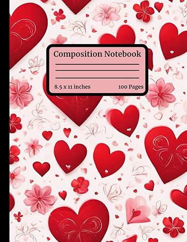 Composition Notebook Wide Ruled - Red Hearts Cute Aesthetic 100 Page 8.5 x 11 Inches Lined Journal for Writing, Note Taking, Journaling Great for