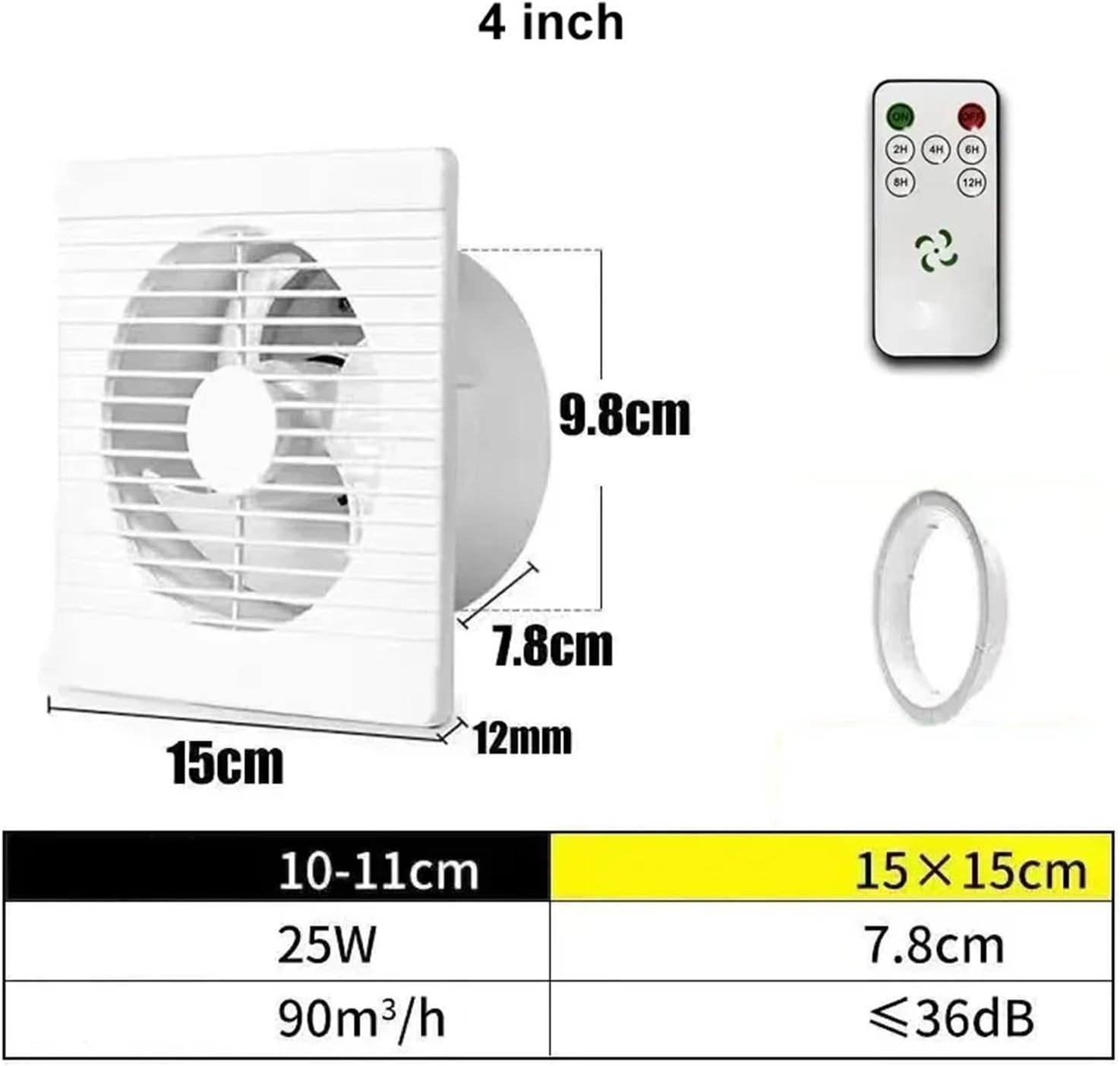 Ventilation Fan, 4/6/ 8 Inch Remote Control Window Wall Exhaust Fan For Bathroom Toilet Kitchen Air Ventilation With Timing Function for Vent Bathroom, Kitchen(4 inch)