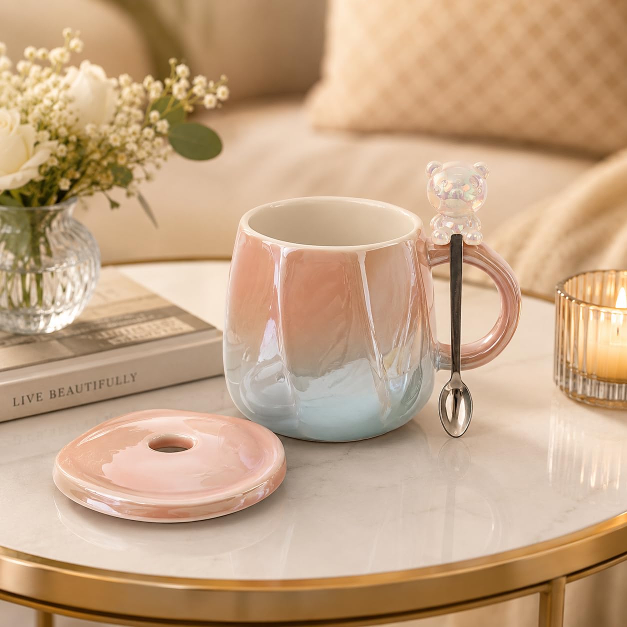 Ceramic Coffee Mug with Lid & Spoon | Premium Gradient Ceramic Tea Cup with Teddy Bear Spoon | Coffee Mug for Office & Home | Gift Mug for Women, Girls | Tea, Coffee, Milk & Hot Chocolate Mug
