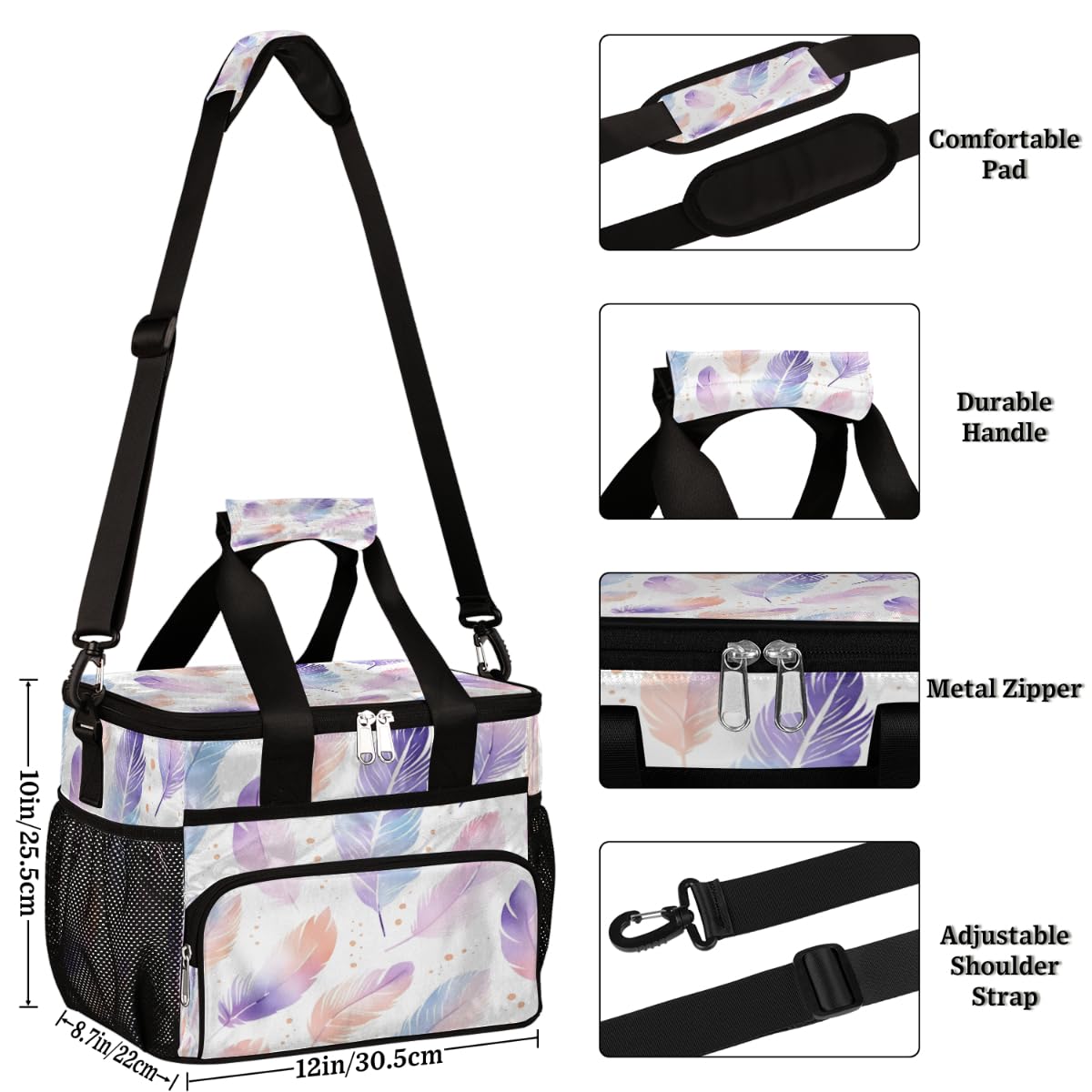 Feathers Insulated Picnic Backpack Lunch Box for Women Men Picnic Basket Tote Lunch Bag Picnic Bag Portable Lunch Bags for Picnic, Beach, Work, Trip,Office, Camp Abstract Colorful Feather