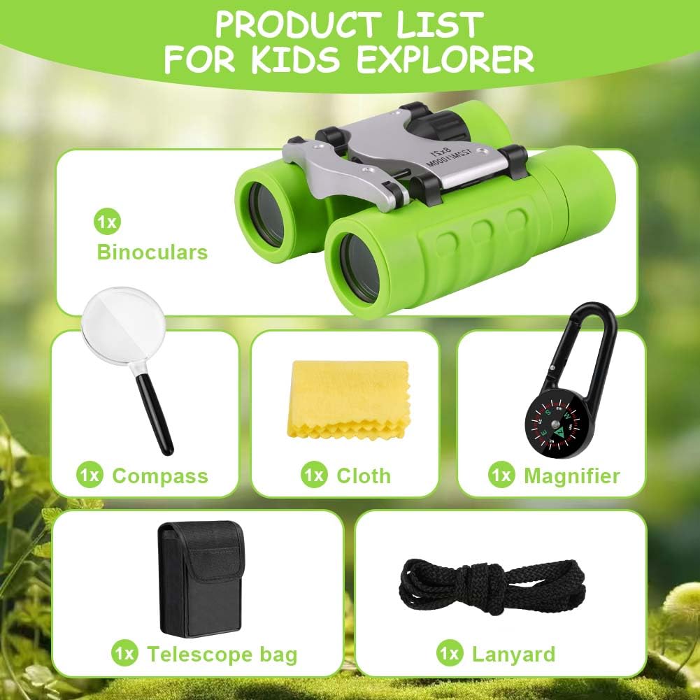 OSDUE Binocolo per Bambini, 8x21 Ingrandimento Binocolo,Portatile Bambini Binocolos, Kit Esploratore Cannocchiale per 3-6 Bambino Bambina con Bussola e Lente D'Ingrandimento, per Bird Watching (Verde)