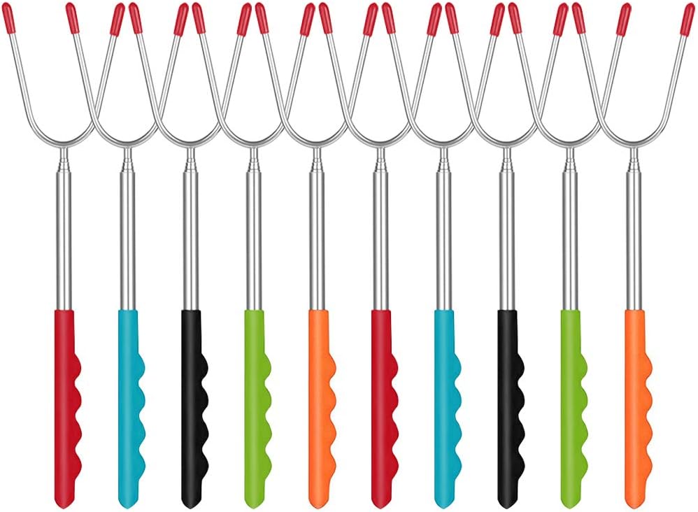 PiscatorZone Marshmallow Roasting Sticks 10 PCS 45'' Smores Skewers Hot Dog Fork Rotating Extending Patio Fire Pit Camping Cookware Campfire Cooking Kids Accessories