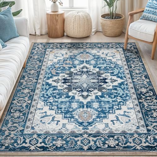 Lofus 6x9 Area Rugs for Living Room, Washable Area Rug, Rugs for Bedroom, Kitchen, Vintage Boho Carpet, Soft Non-Slip, Low Pile Large Area Rug for Office Dining Room, Floral Light Blue