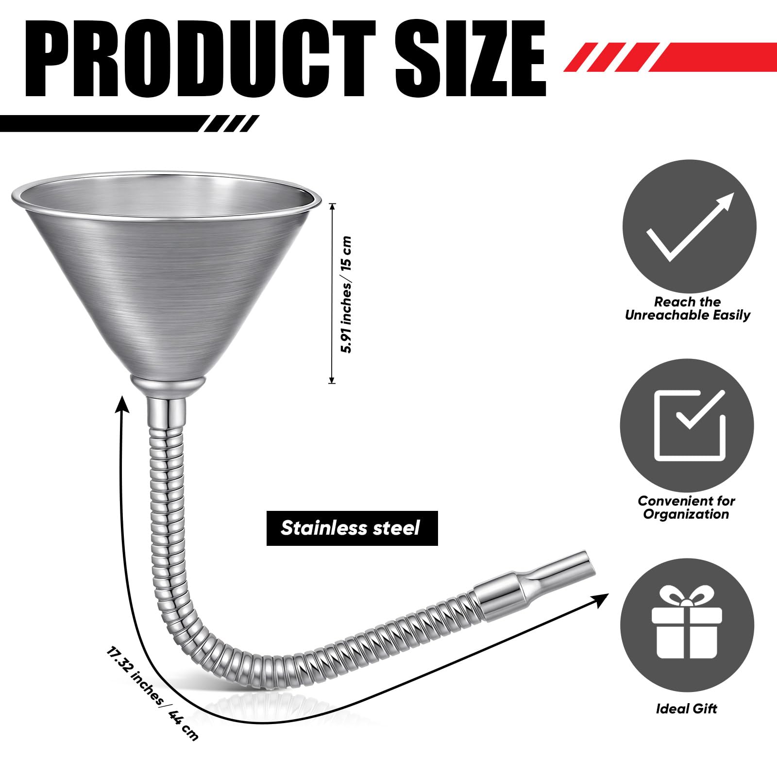 Blulu Set di 5 imbuti flessibili per olio in acciaio inox, per uso automobilistico, con beccuccio pieghevole, per auto, barca, gasolio, altri liquidi, con tubo e filtro