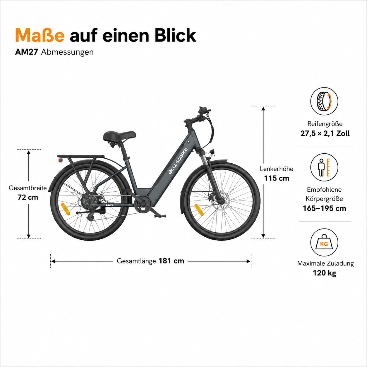 AM27 Elektrofahrrad 27,5 Zoll E-Bike für Damen und Herren 250W Motor 36V 15Ah Akku 25 km/h 7-Gang-Schaltung 3 Unterstützungsstufen Scheibenbremsen LED-Beleuchtung