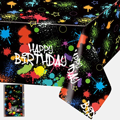 Domgoge Glow Tablecloth for Birthday Party Decoration Plastic Neon Table Cover Rectangle Paint Splatter Graffiti Black Table Cloth Disposable Party Decor Supplies, 54 x 108 Inch, 1pc