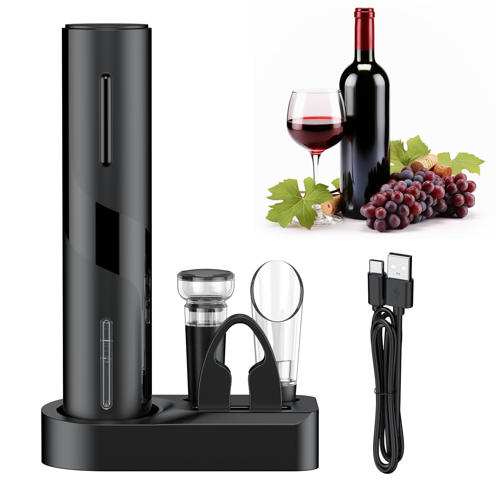 Pawfly 5-in-1 Rechargeable Electric Wine Bottle Opener Set, Automatic Wine Opener with Aerator Pourer Vacuum Stopper Foil Cutter & Storage Base, USB-C Charging Electric Corkscrew Wine Corkscrew