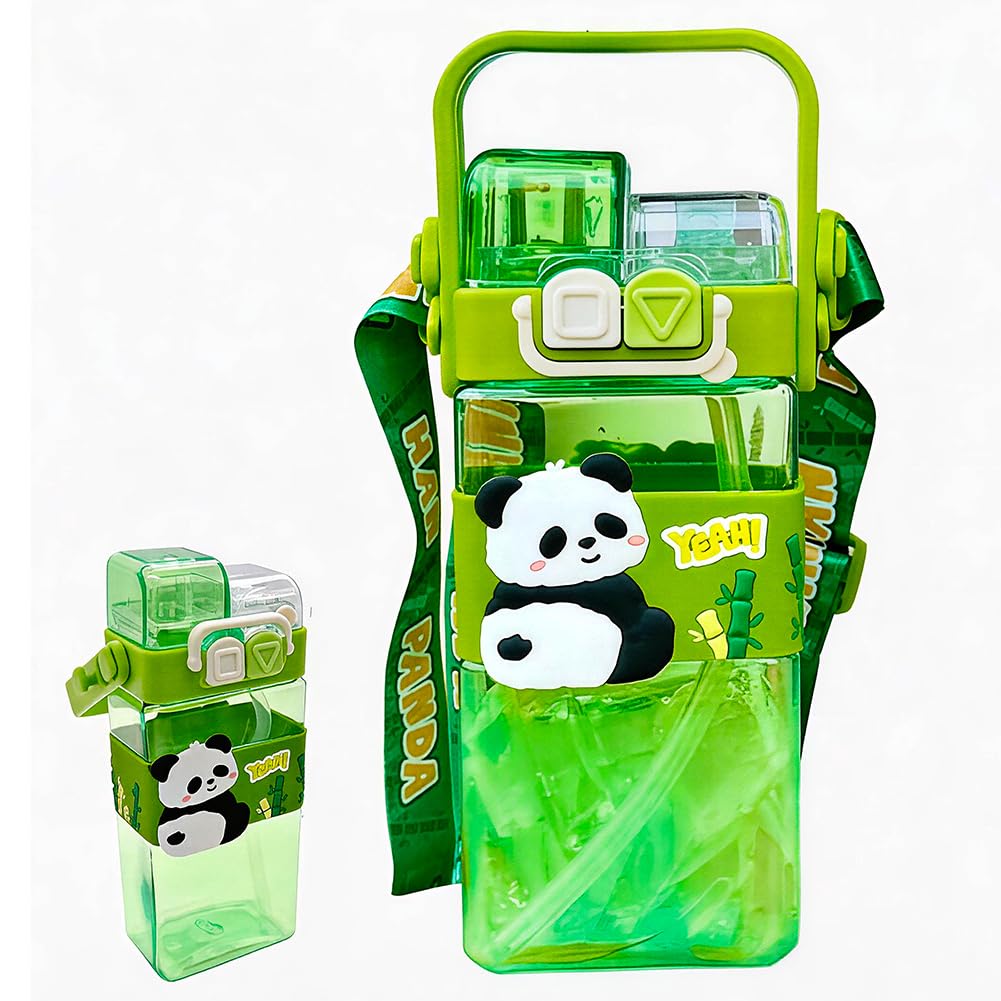 Eduplayte Panda Water Bottle With Straw, 520Ml Drinking Bottle Reusable Cup With Shoulder Strap, Panda Drinking Bottle, Adjustable Strap Double Drinking Leakproof Sports Bottles For School Travel ﻿