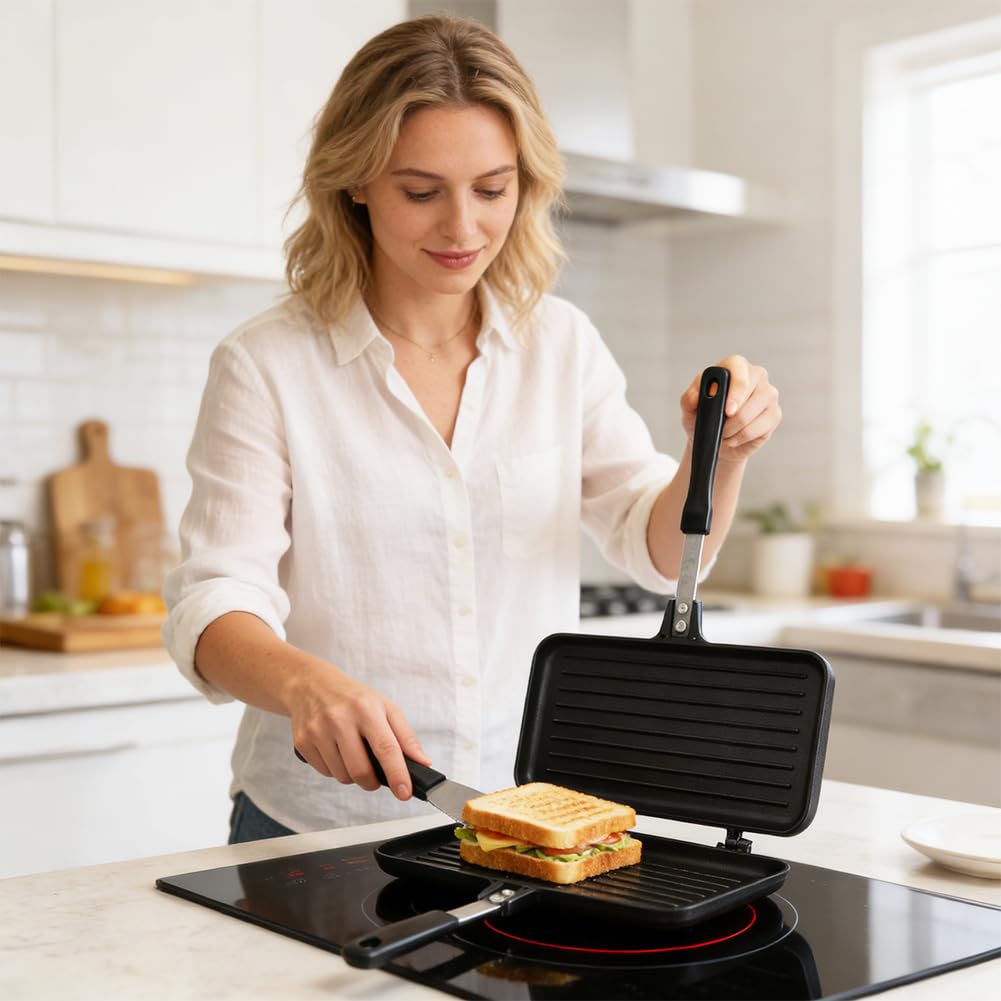 Sandwichmaker Camping Padella double face, antiaderente con manico, tostapane pieghevole per sandwich, per casa, cucina, colazione