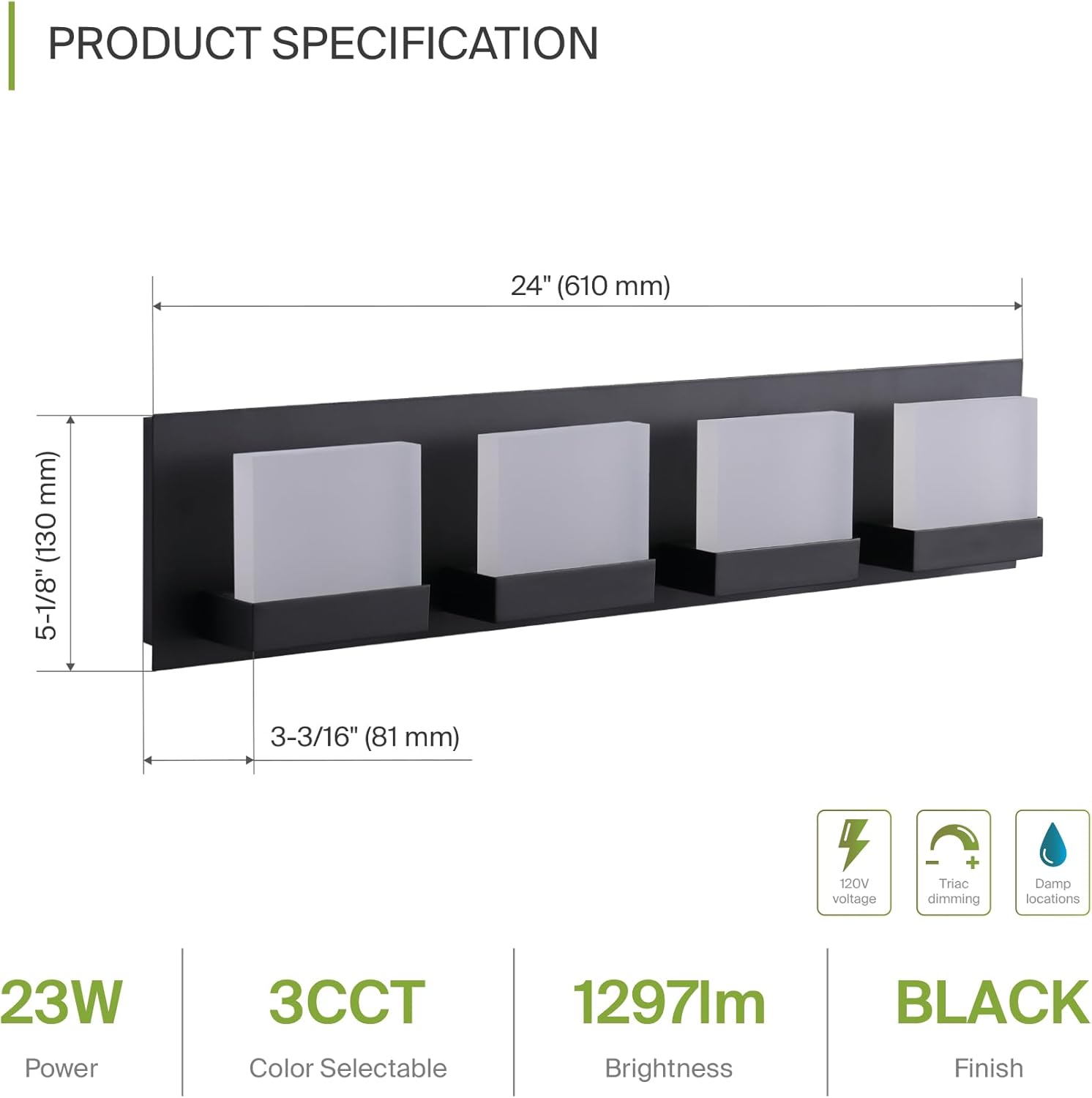 ASD LED 24" Bathroom Vanity Light, Over Mirror Lighting Fixture | 4-Lights, 3CCT, Dimmable, ETL Listed | 23W 1300LM 3000-5000K 120V | Linear Bath Acrylic Sconce, Bedroom Wall Lamp | Black
