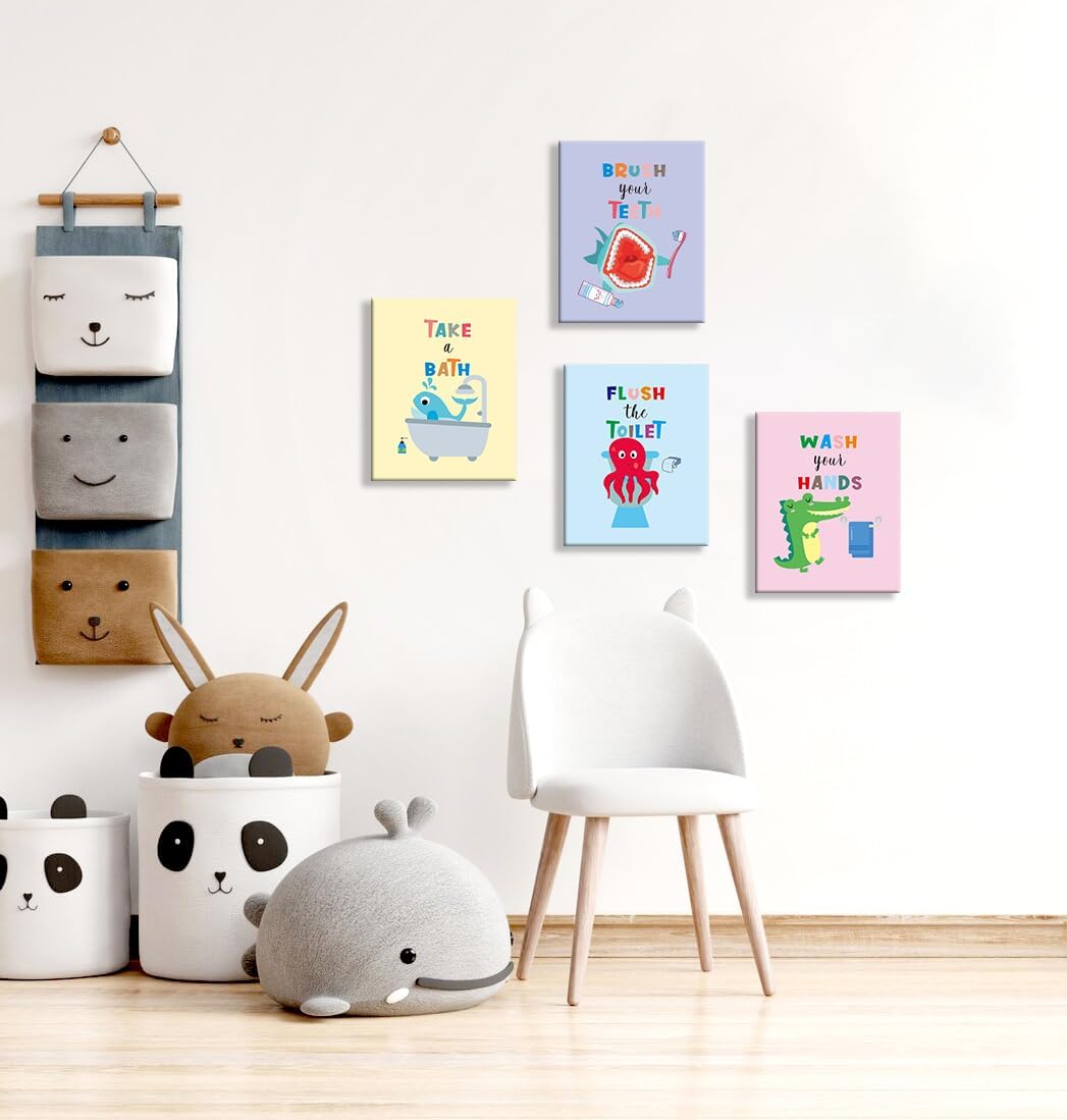 TANXM Framed Funny Bathroom Canvas Wall Art ，Kids Bathroom Art Set, Wash Your Hands, Brush Your Teeth, Set of 4 (8”X 10”)
