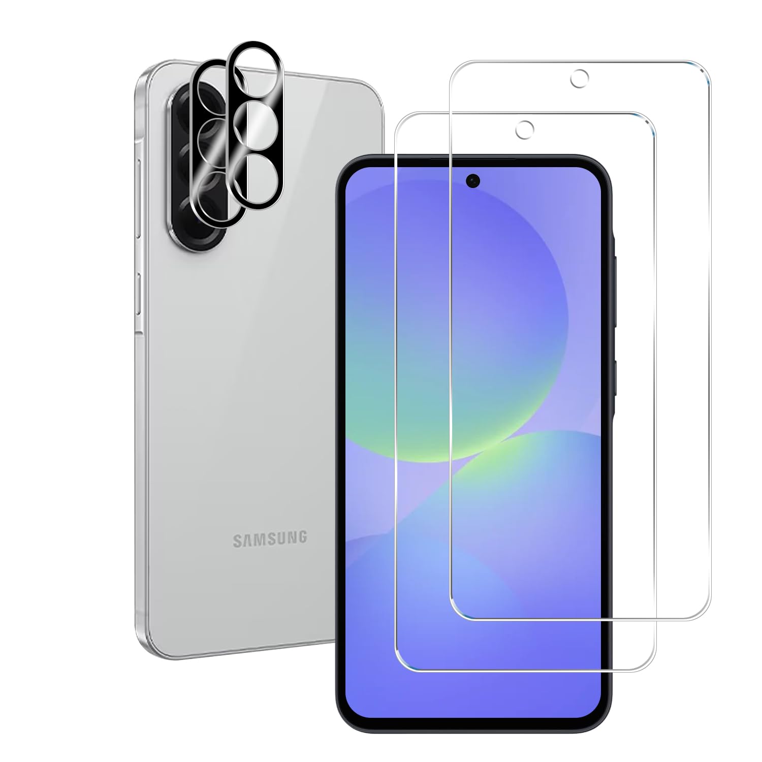 BIGFACE Protector de pantalla de vidrio templado para Galaxy A36 + protector de lente de cámara [paquete de 2 + 2] [compatible con fundas] [antiarañazos] [desbloqueo ultrasónico de huellas dactilares