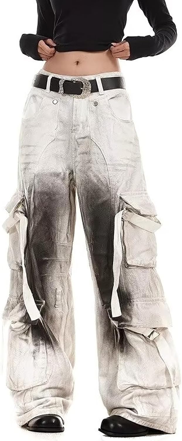 jupkem Men's Baggy Jeans Y2k Goth Vintage Wide Leg Women Fashion Punk 90s Hip Hop Cargo Pants Harajuku Streetwear with Pocket