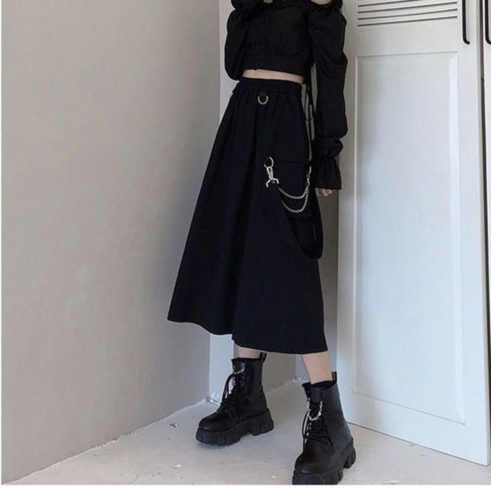 Falda de Verano para niñas, Estilo Harajuku, Falda Blanca, Negra (con Cadena) - XL