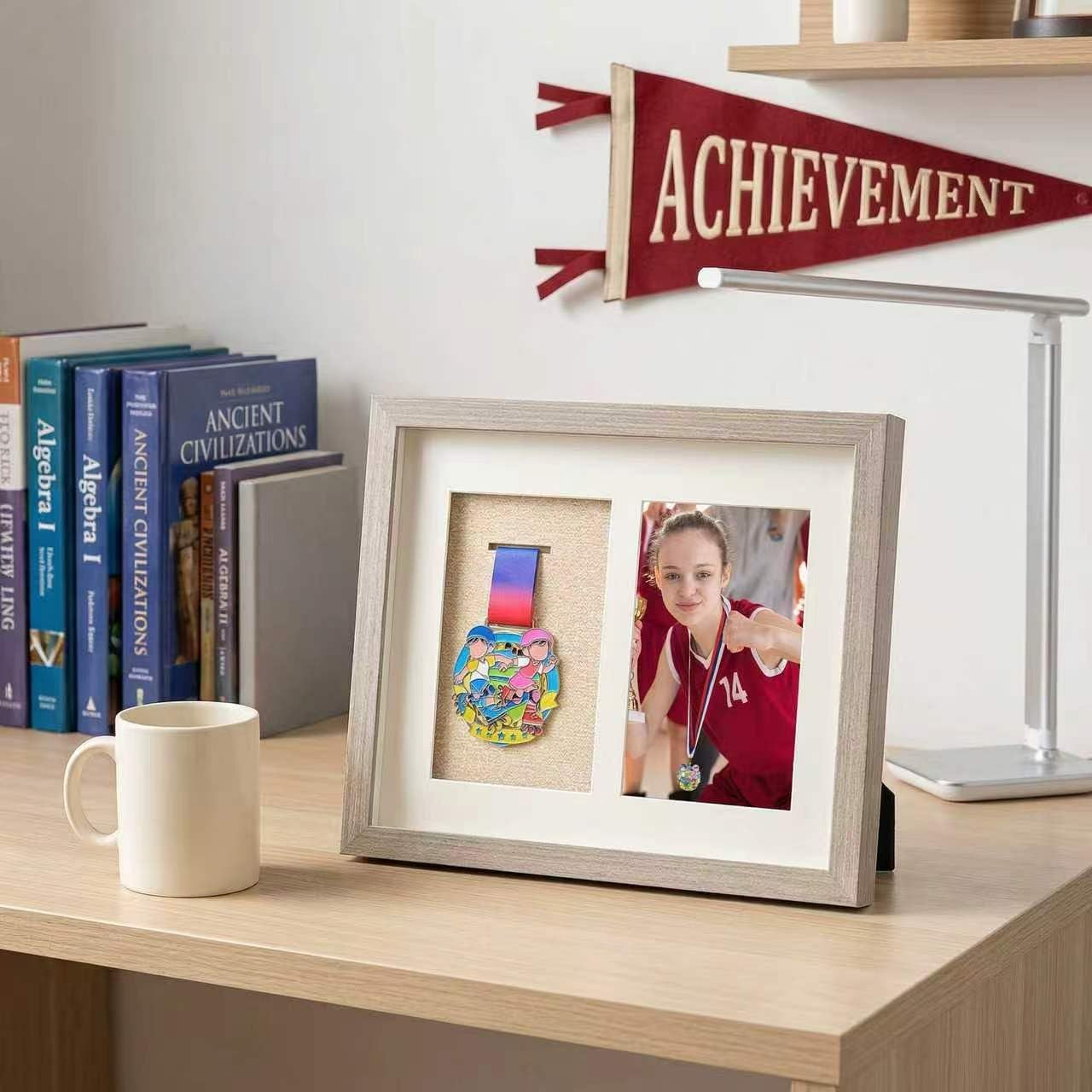 Medal Display Shadow Box, 8x10 Wood Single Medal and Photo Display Frame Case, Wall Mounted & Tabletop, Marathon Medals Storage Box for Runners, All Sports Winners, Awards & Memorabilia（No Medals）