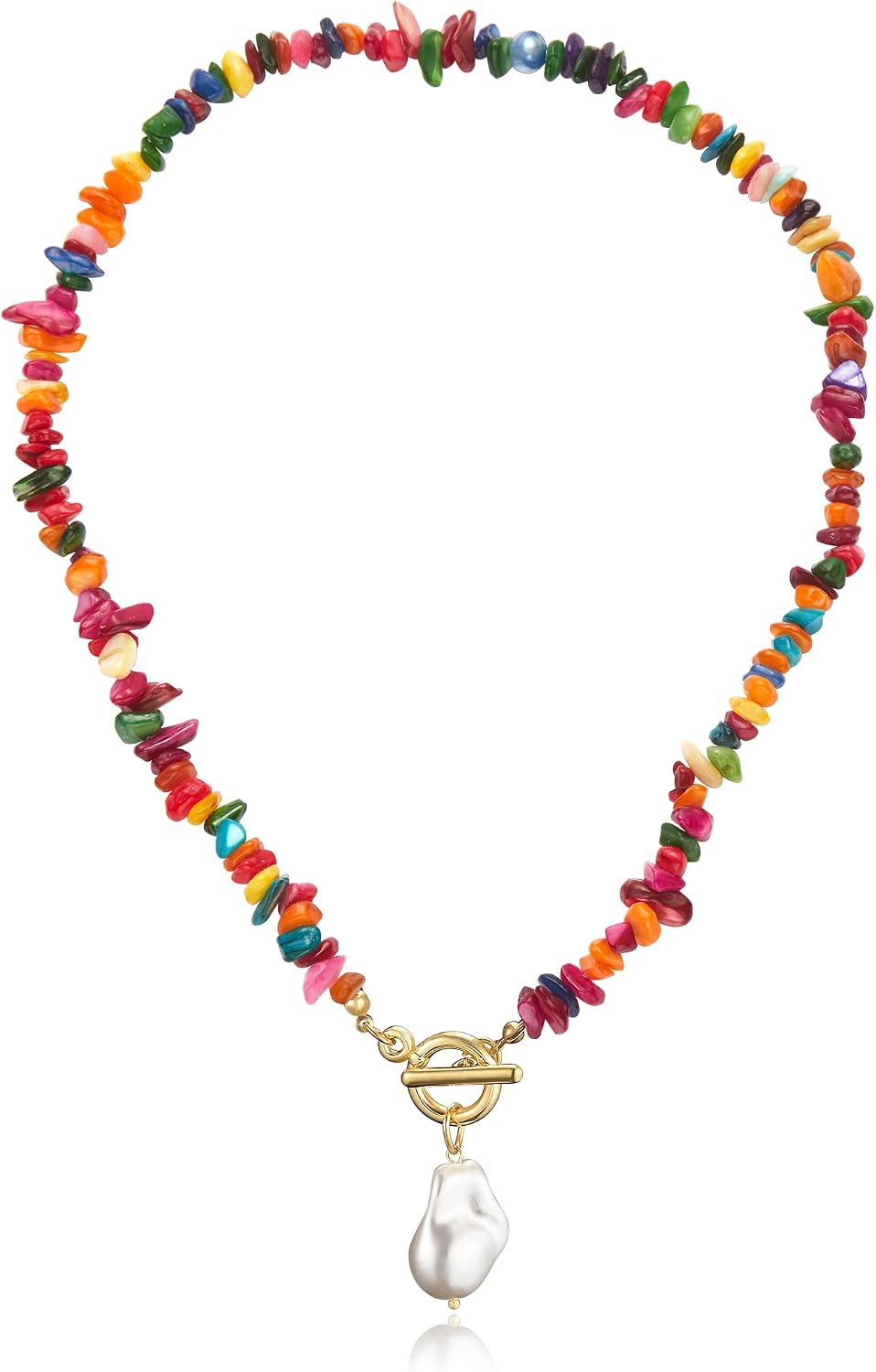 IDOKAWA Boho Statement Necklace for Women, Vintage Multicolor Charm Necklace with Natural Gemstones and Baroque Pearl Pendant, Summer Bohemian Jewelry