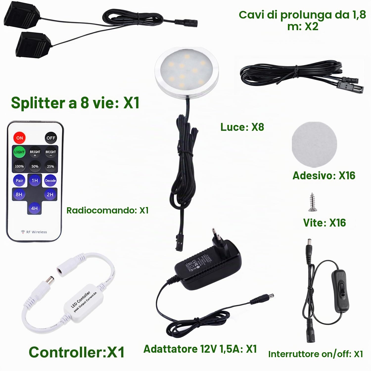 AIBOO LED Luce Sottopensile Cucina Dimmerabile con Telecomando RF Wireless, Illuminazione A LED da Incasso per Armadio, EUR Spina, 8 Luci LED con Display, 12V 16W Under Vetrine(Bianca Freddo 6000K)