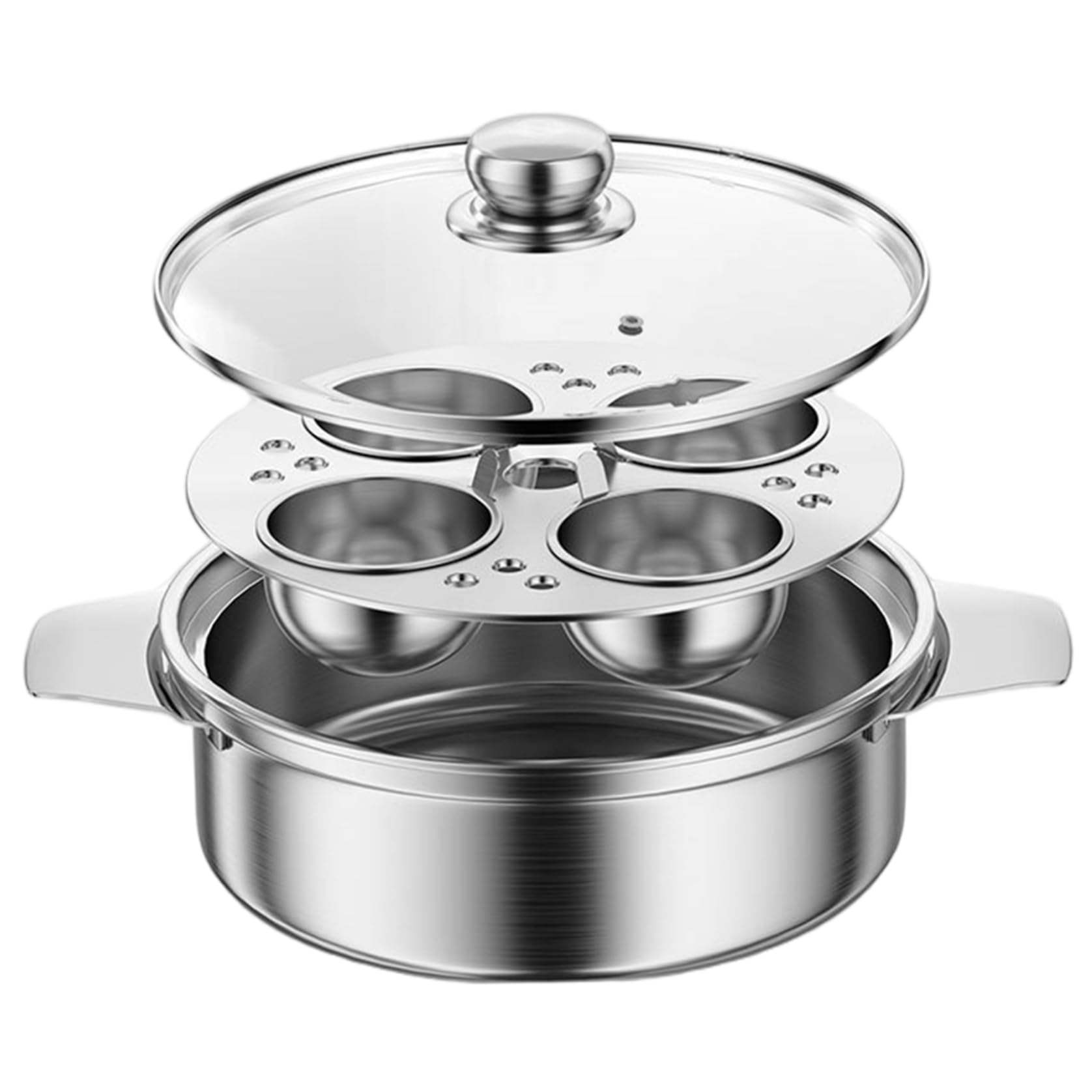 Cuociuova in camicia in acciaio inox con 4 tazze, pentola antiaderente multiuso con manico per pentole, padelle e pentole a pressione
