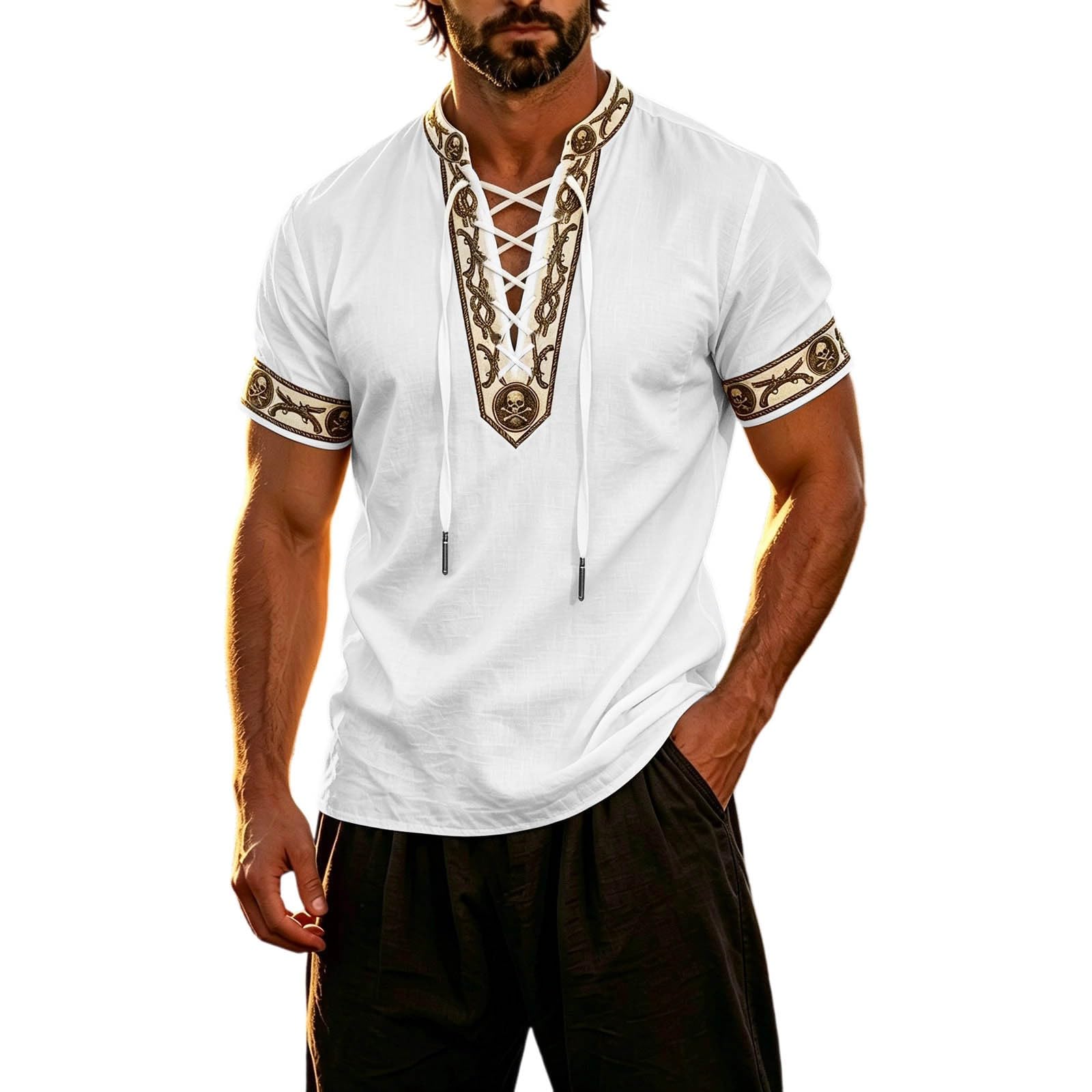 Summer Shirts for Men Short Sleeve Medieval Pirate Scottish Ghillie Shirt — image 1