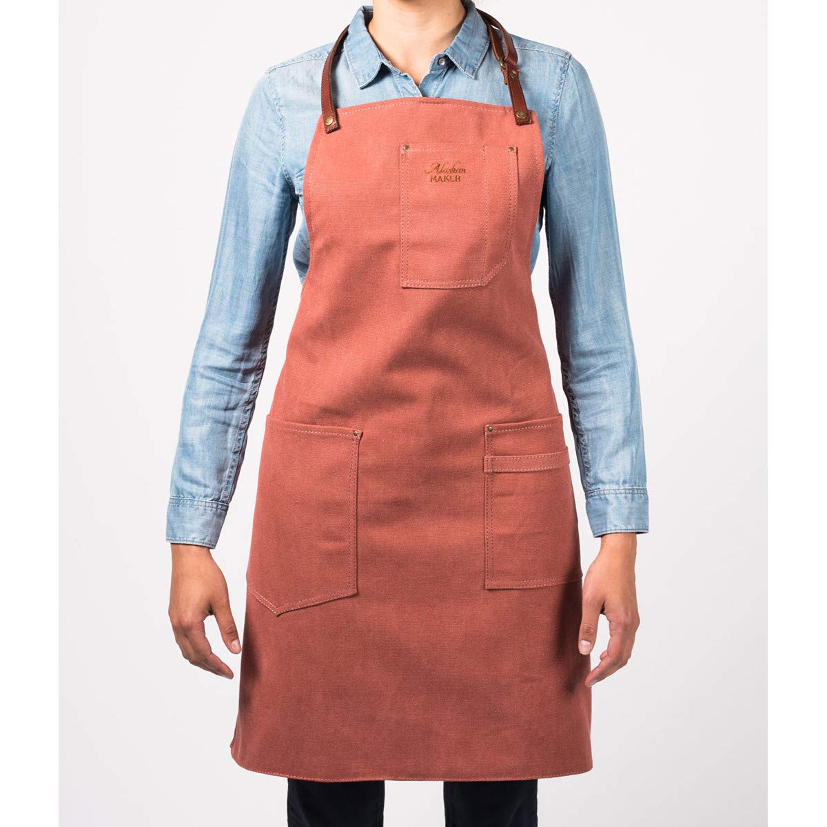 Alaskan Maker - Delantal de cocina de tela vintage y piel con múltiples bolsillos, n.º 325 – Enlaces de nudo, tamaño universal para hombres y mujeres, tierra de Siena, universal