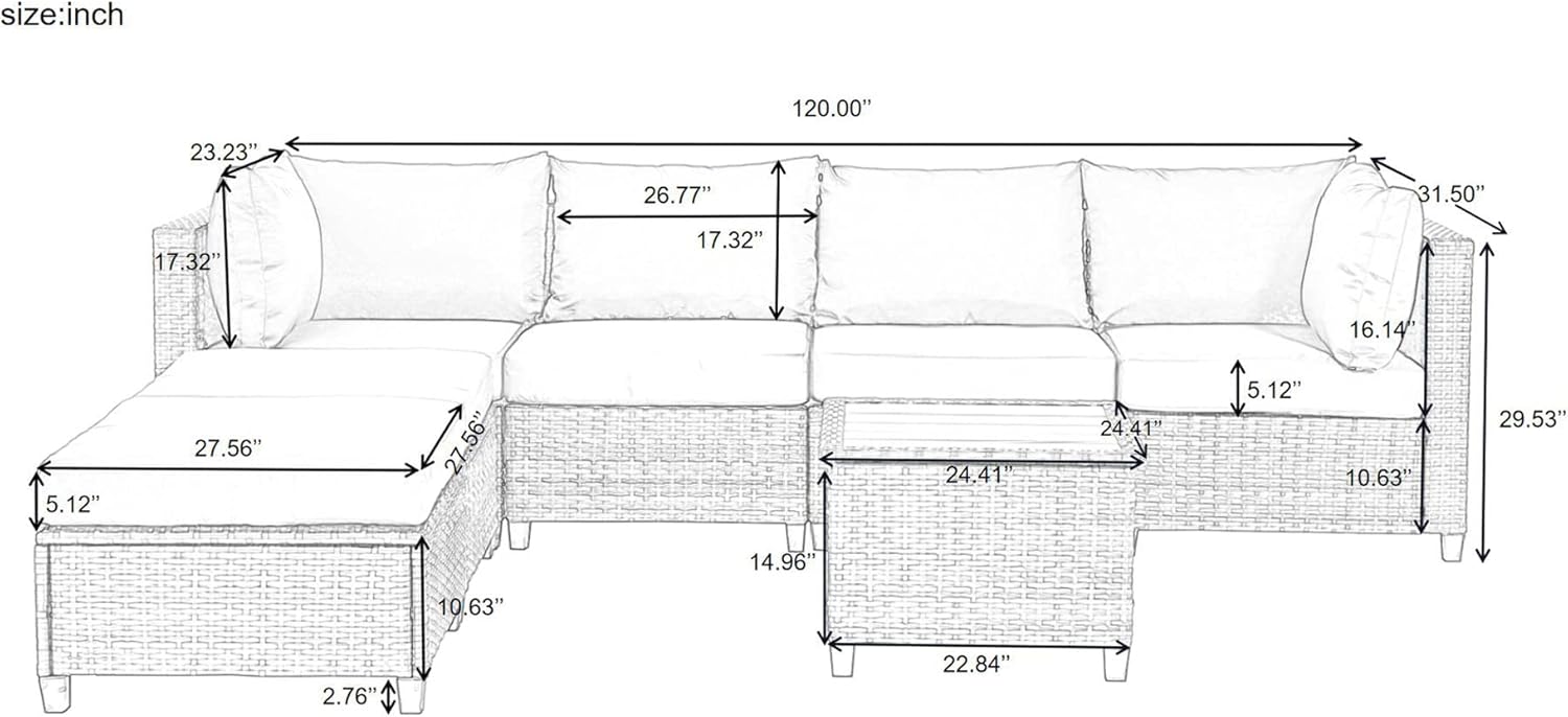 Detailed dimensions of the patio furniture set components.