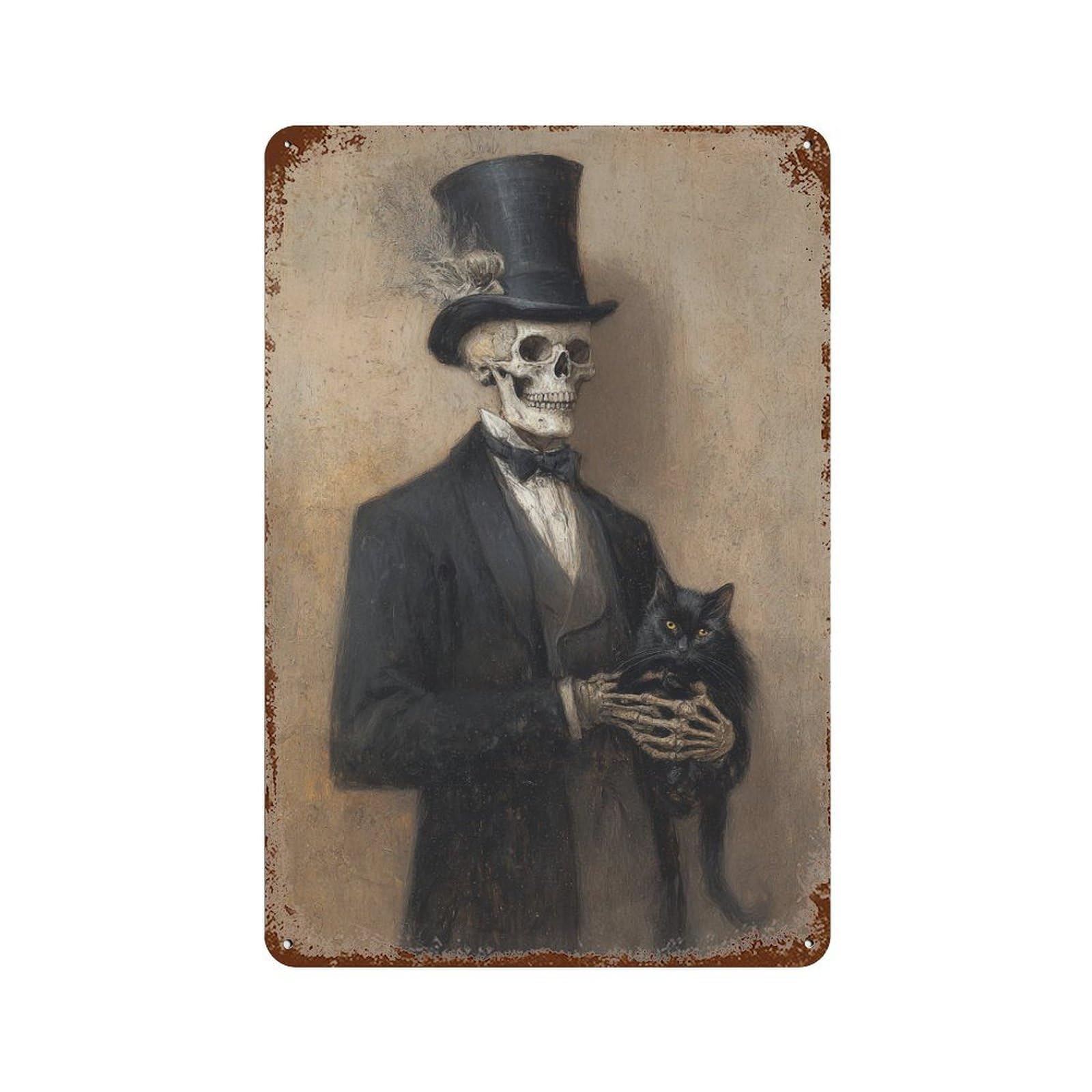 Garage Style Skeleton in Top Hat Holding Black Cat Weathered Tin Sign 11.8"x7.9", Classic Wall Plaque for Bar And Workshop
