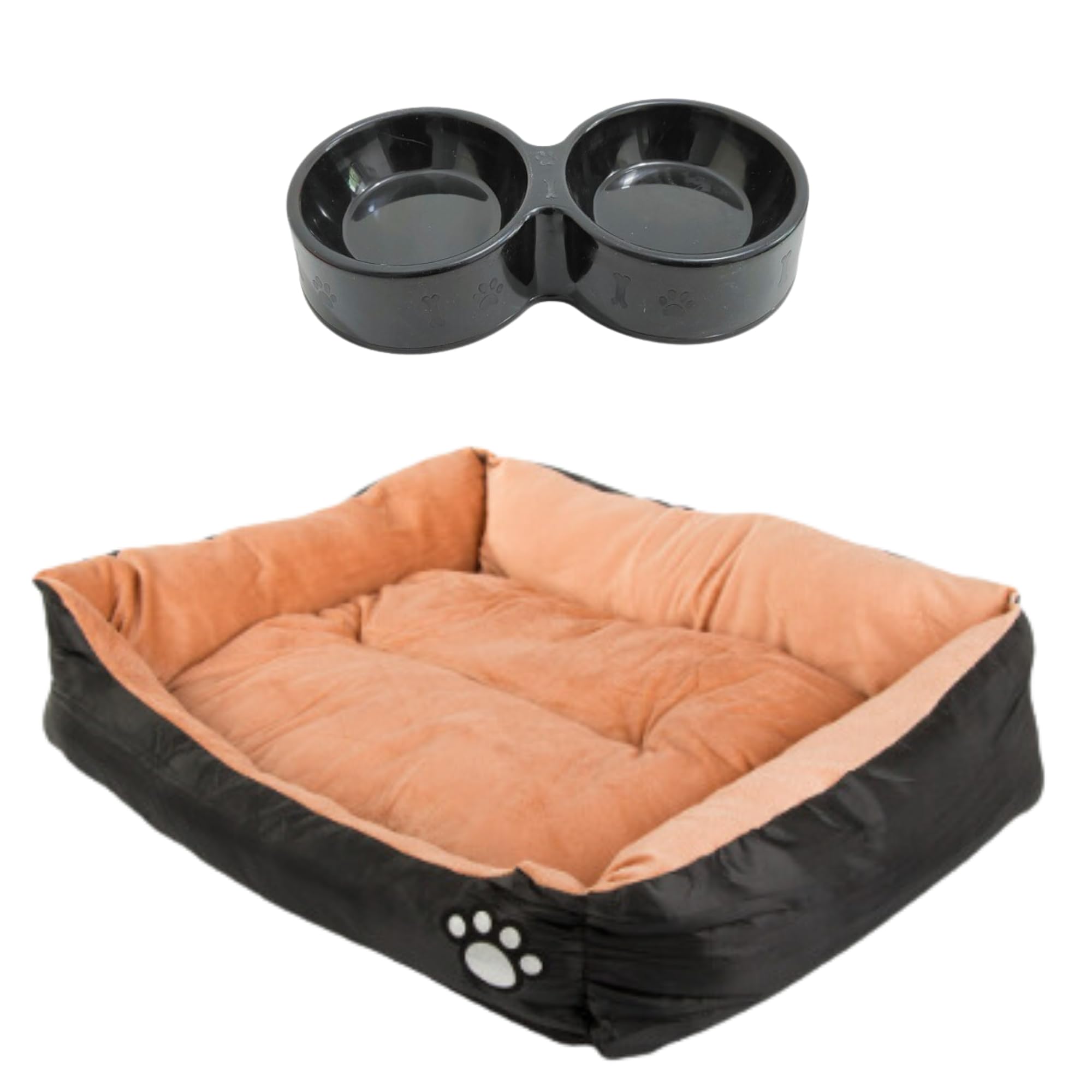 Genérico Cama para Perros Pequeños 50cm x 40cm x 9cm más Comedero Doble 27,3cm. Antideslizante, Impermeable, Comodidad Suprema y Fácil Limpieza.