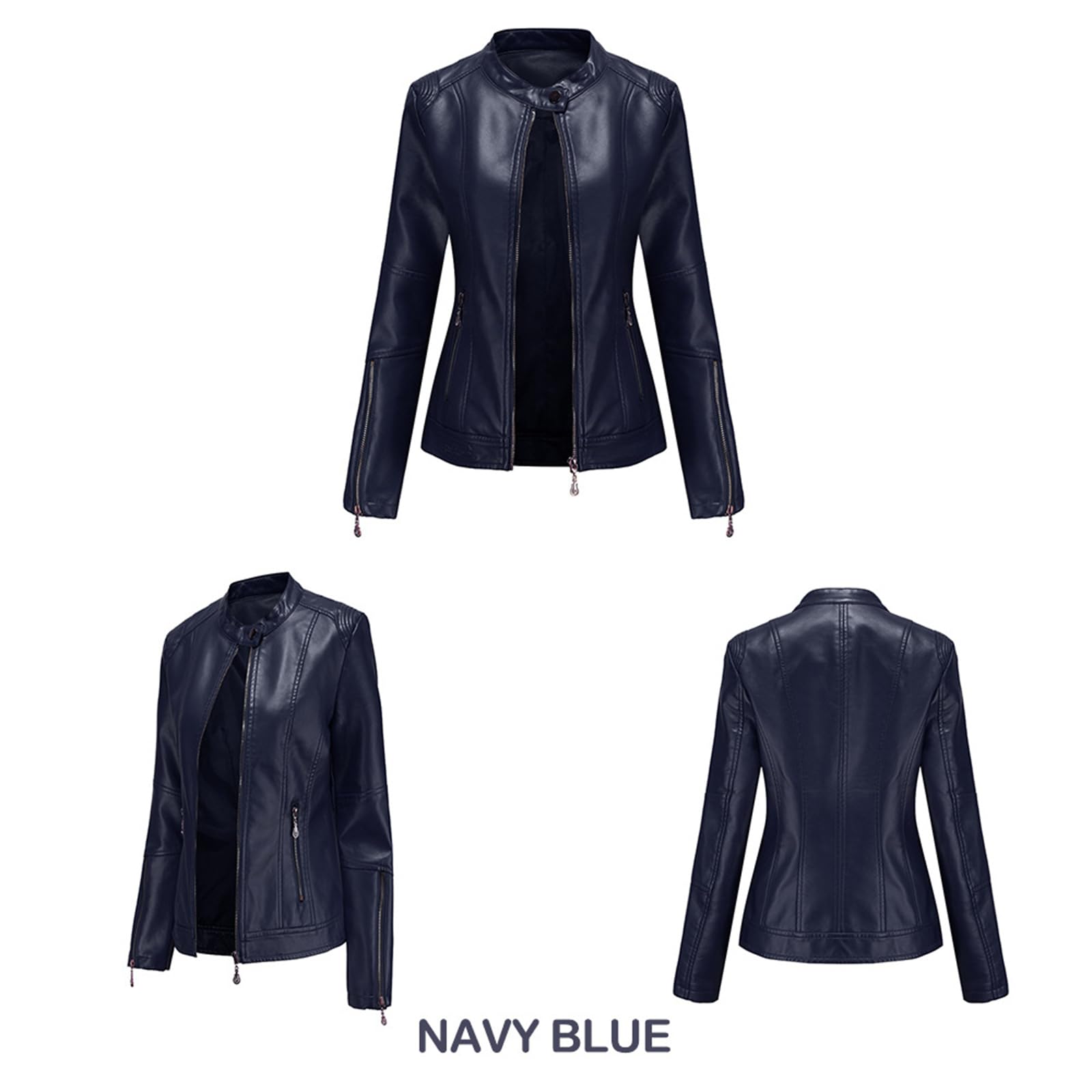 Damen Lederjacke Frauen PU Biker Moto Jacke Zip Up Kurze Jacke Stehkragen Casual Motorrad Mantel