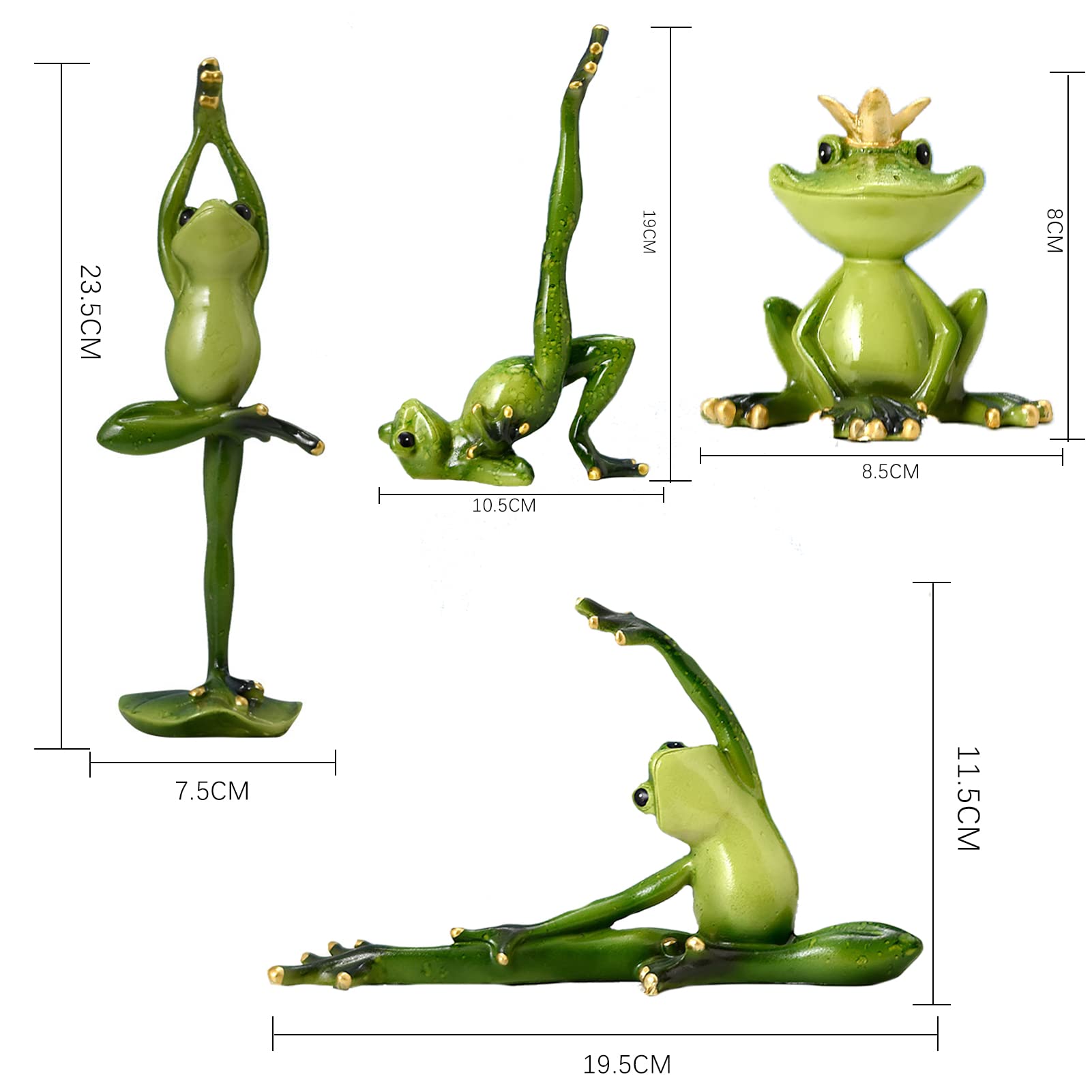 SYFUNLV 4 sztuki figurek żaby 3D, z żywicy, 4 różne pozycje jogi, dekoracyjna figurka żaby siedząca w pozycji jogi, zabawny kreatywny ornament na biurko, do biura domowego