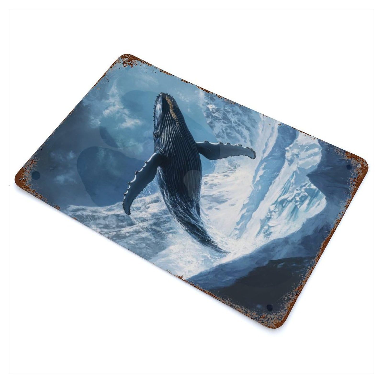 Rust Effect Whale Leaping Over Mountains Decorative Tin Sign 11.8"x7.9", Rustic Home Decor for Cafe, Home Bar And Lounge Decor