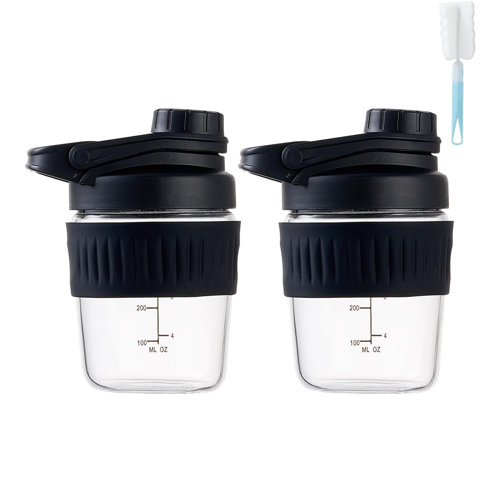 12oz Glass Shaker Bottle for Protein, 2 Pack Small Borosilicate Glass Protein Powder Leak-Proof Shaker Cup Mixes with 304 Blending Ball(12oz,Black) - 1