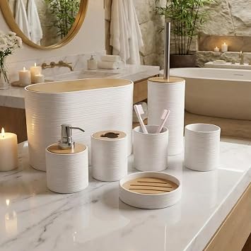 6 Parça Banyo Seti, Bambu Detaylı, 8L Çöp Kovası 24x26x16 cm (Beyaz)
