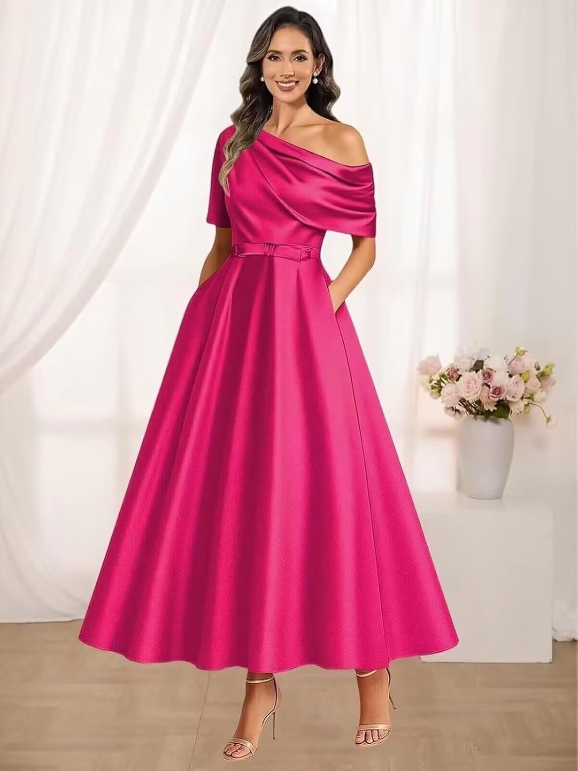 A Line Tea Length Mother of The Bride Dresses for Women One Shoulder Satin Flowy Puffy Formal Ball Gown with Pockets