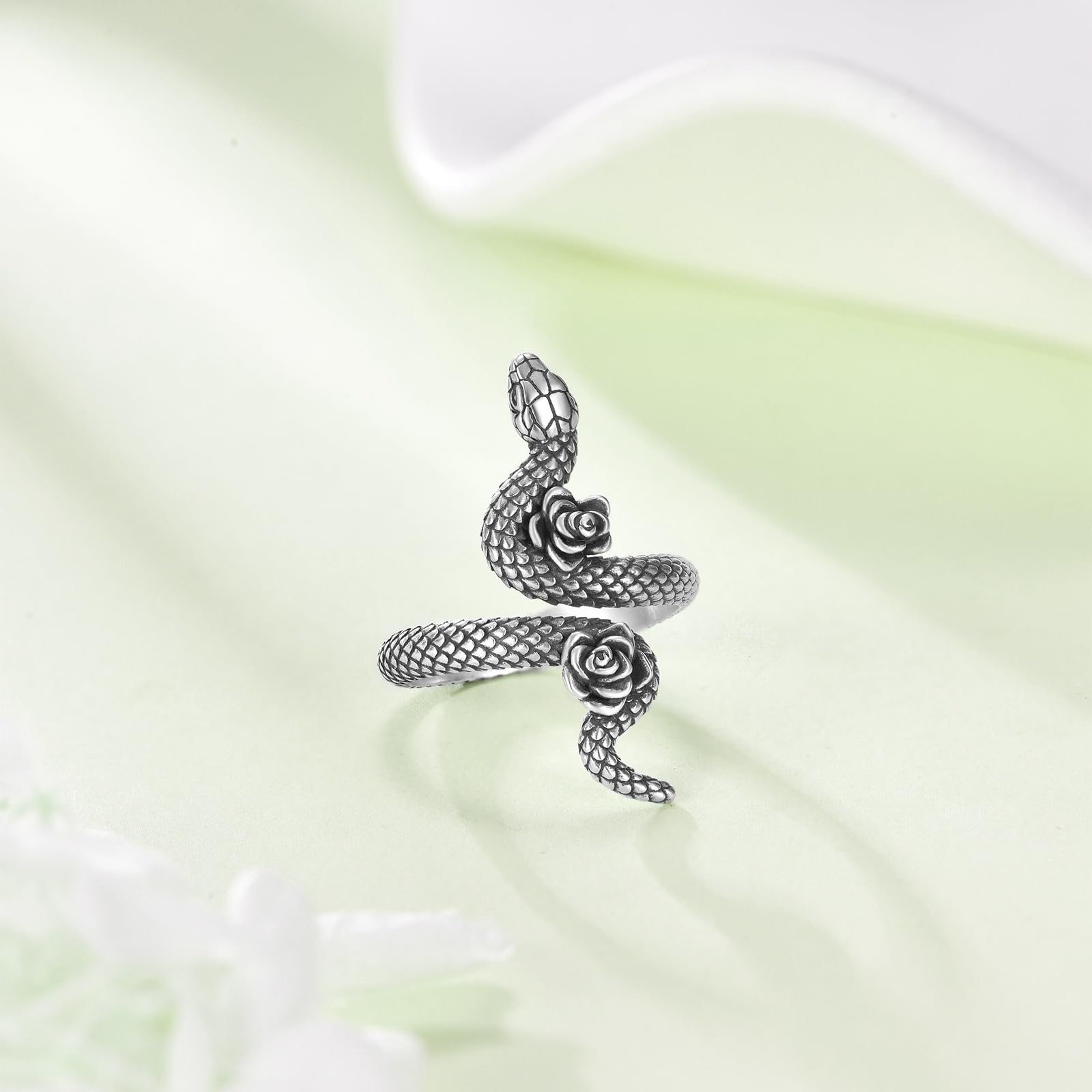 DAYLINLOVE Anillo de serpiente de plata de ley 925 con rosa gótica, ajustable, anillo abierto para el pulgar, joyería gótica, regalo para mujeres y niñas