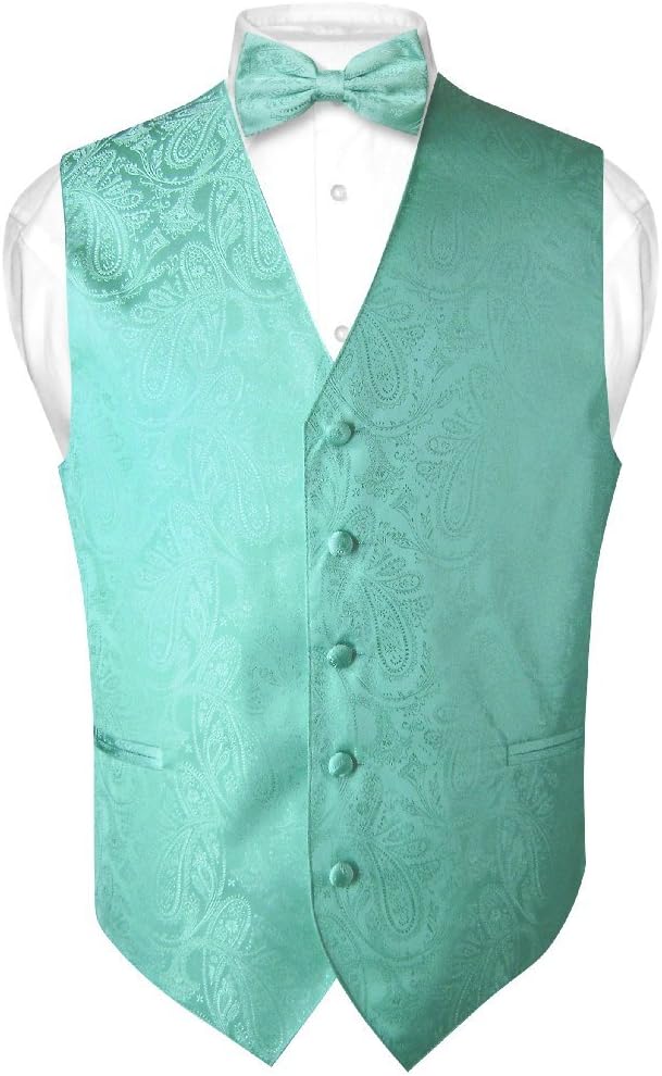 Vesuvio Napoli Men's Paisley Design Dress Vest & Bow Tie AQUA GREEN Color BOWTie Set
