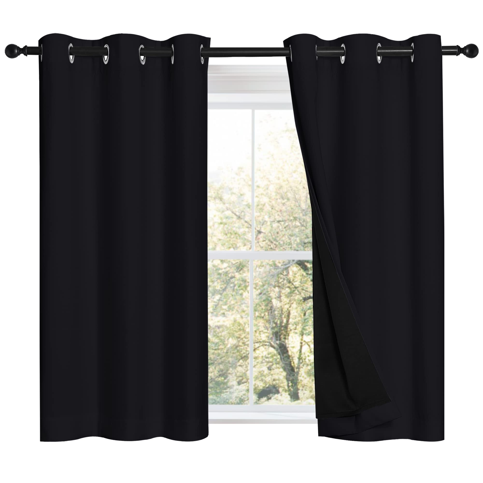 NICETOWN Black 100% Blackout Curtains 45 inches Length, 2 Thick Layers Completely Blackout Window Treatment Thermal Insulated Lined Drapes for Basement Window (1 Pair, 42 inches Width Each Panel)