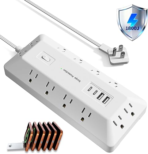 Miniatura 7 de Regletas de alimentación con protección contra sobretensiones, 12 salidas de CA, 2 USB-C 2 USB-A, cable de extensión de enchufe plano de 6 pies,